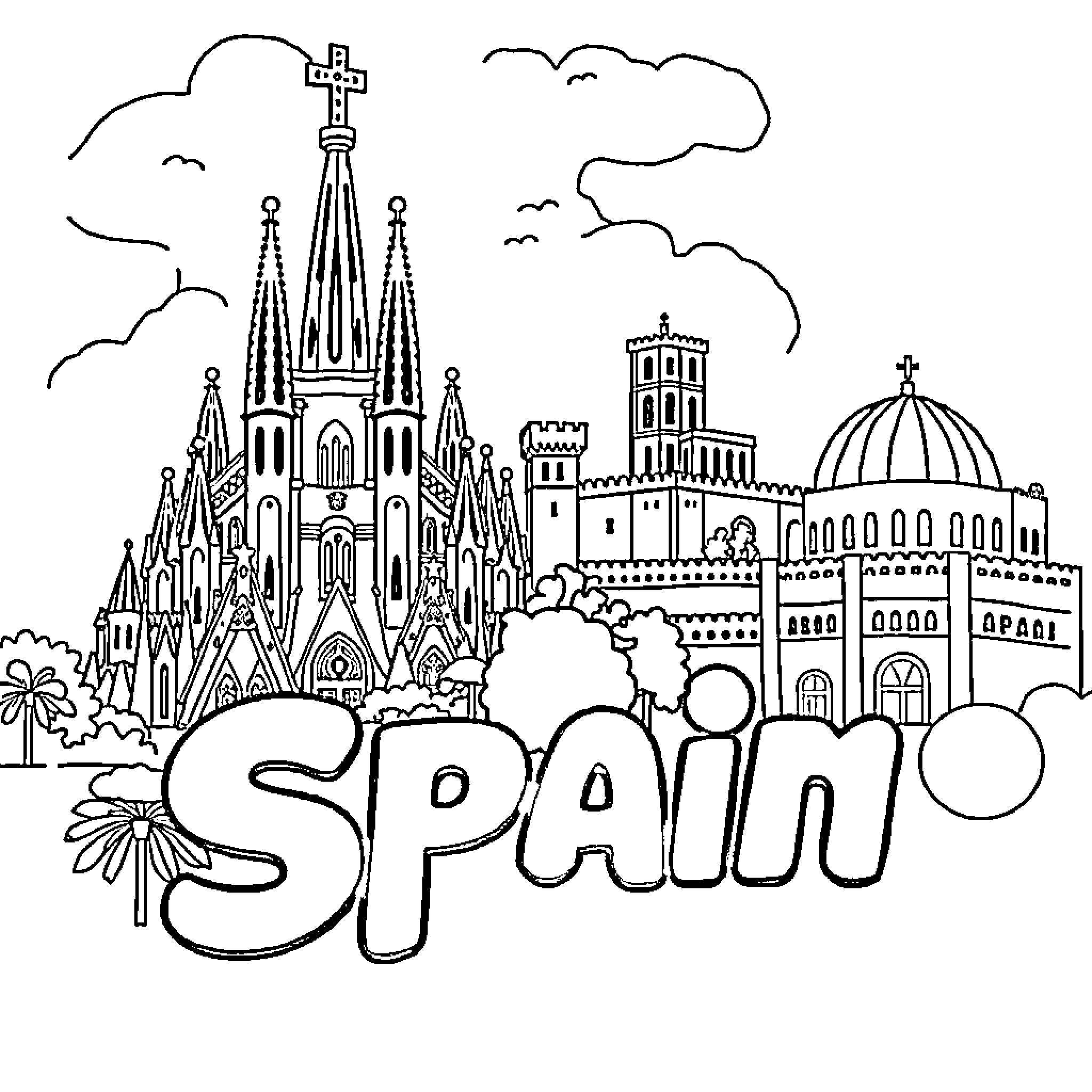 Spain: Iconic architectural landmarks and scenery Coloring Page (free black-and-white line drawing printable PDF for all, from beginners to advanced learners, including children, teens, adults, and seniors)