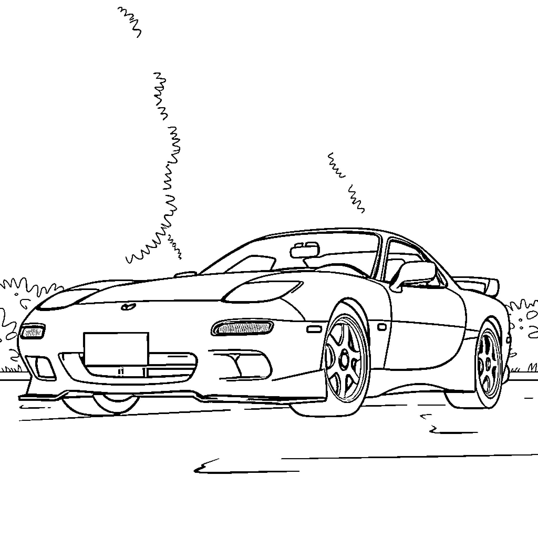 Mazda RX-7 speeding through the road Coloring Page (free black-and-white line drawing printable PDF for all, from beginners to advanced learners, including children, teens, adults, and seniors)