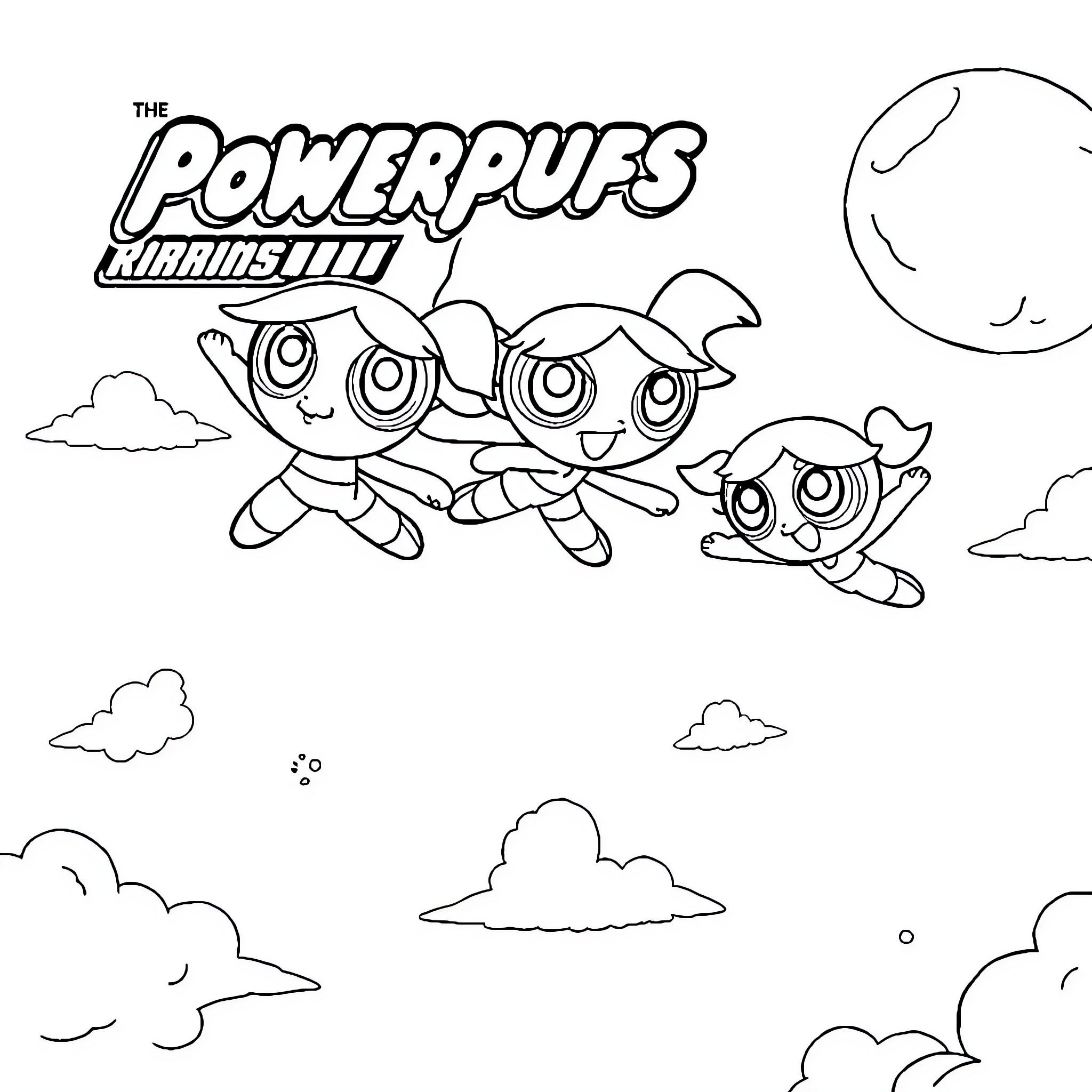 Power Puff Girls fighting villains in the sky Coloring Page (free black-and-white line drawing printable PDF for all, from beginners to advanced learners, including children, teens, adults, and seniors)