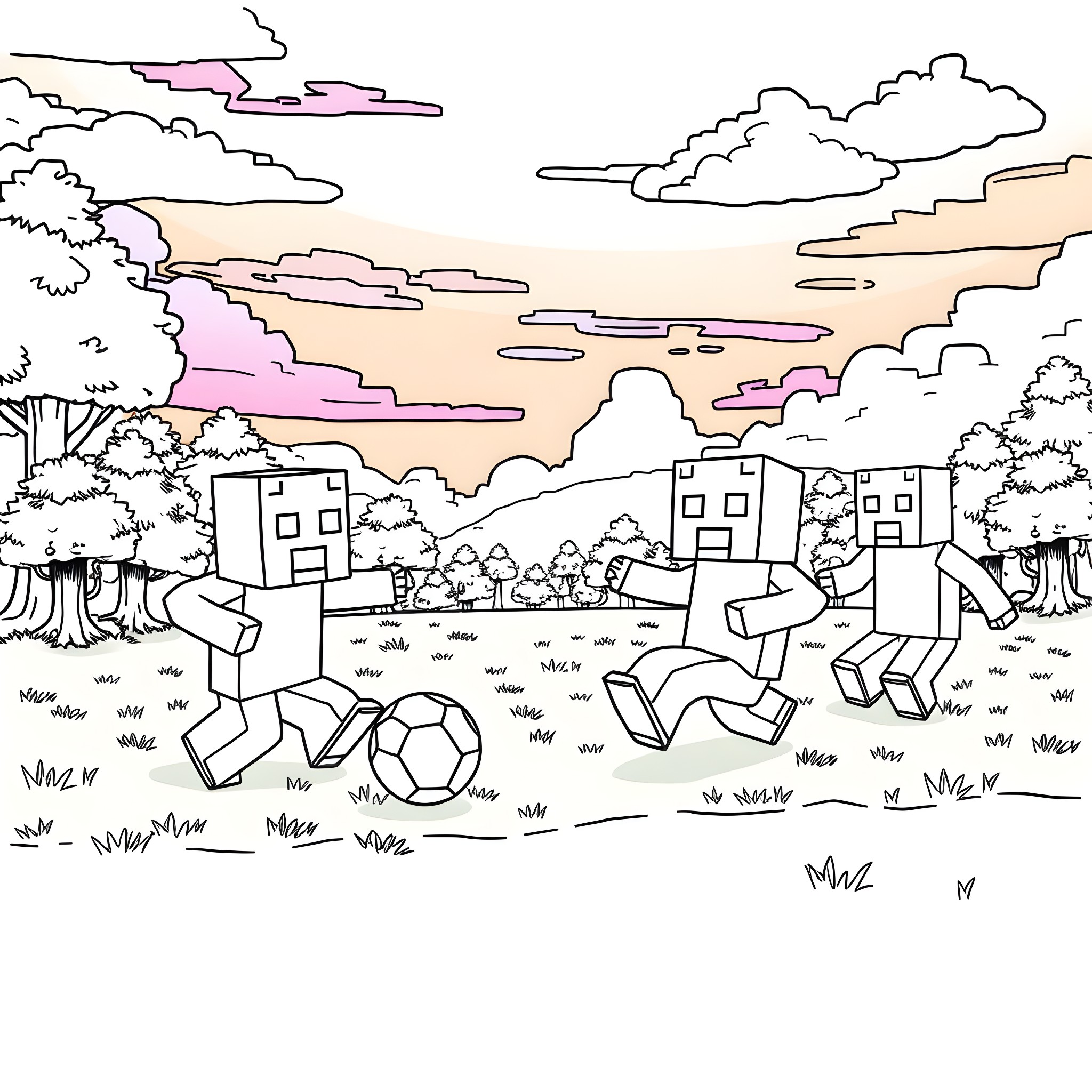 Creeper characters playing with a soccer ball in a scenic landscape Coloring Page (free black-and-white line drawing printable PDF for all, from beginners to advanced learners, including children, teens, adults, and seniors)