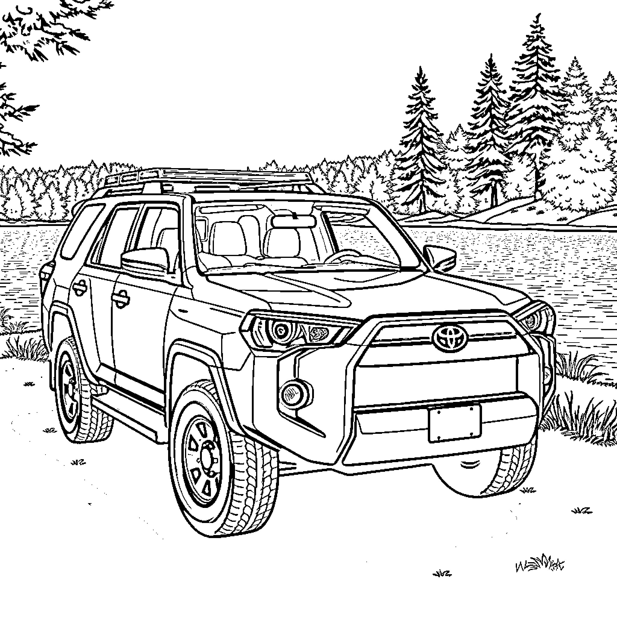 Toyota 4Runner in the wilderness Coloring Page (free black-and-white line drawing printable PDF for all, from beginners to advanced learners, including children, teens, adults, and seniors)