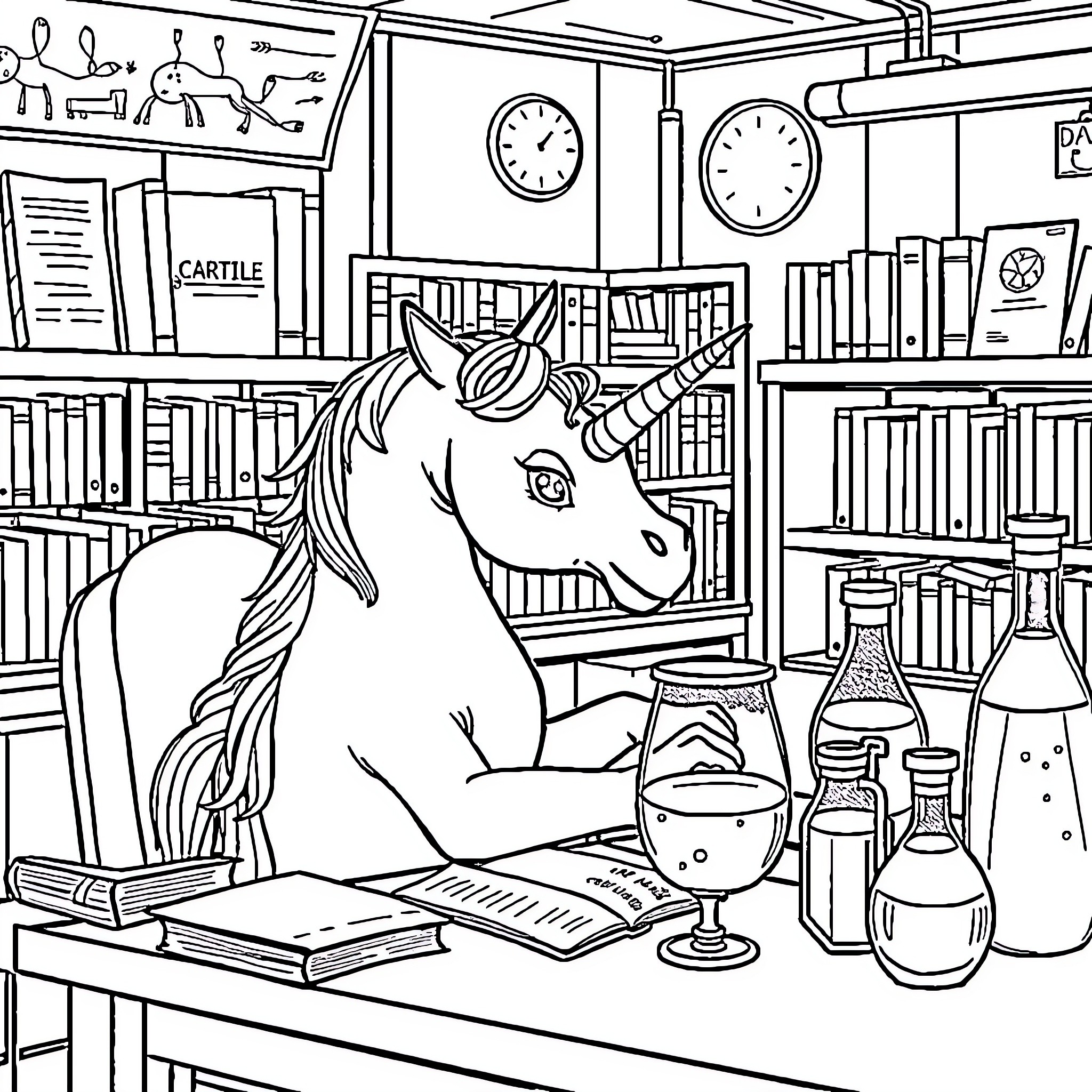 Unicorn working diligently in a library study space Coloring Page (free black-and-white line drawing printable PDF for all, from beginners to advanced learners, including children, teens, adults, and seniors)