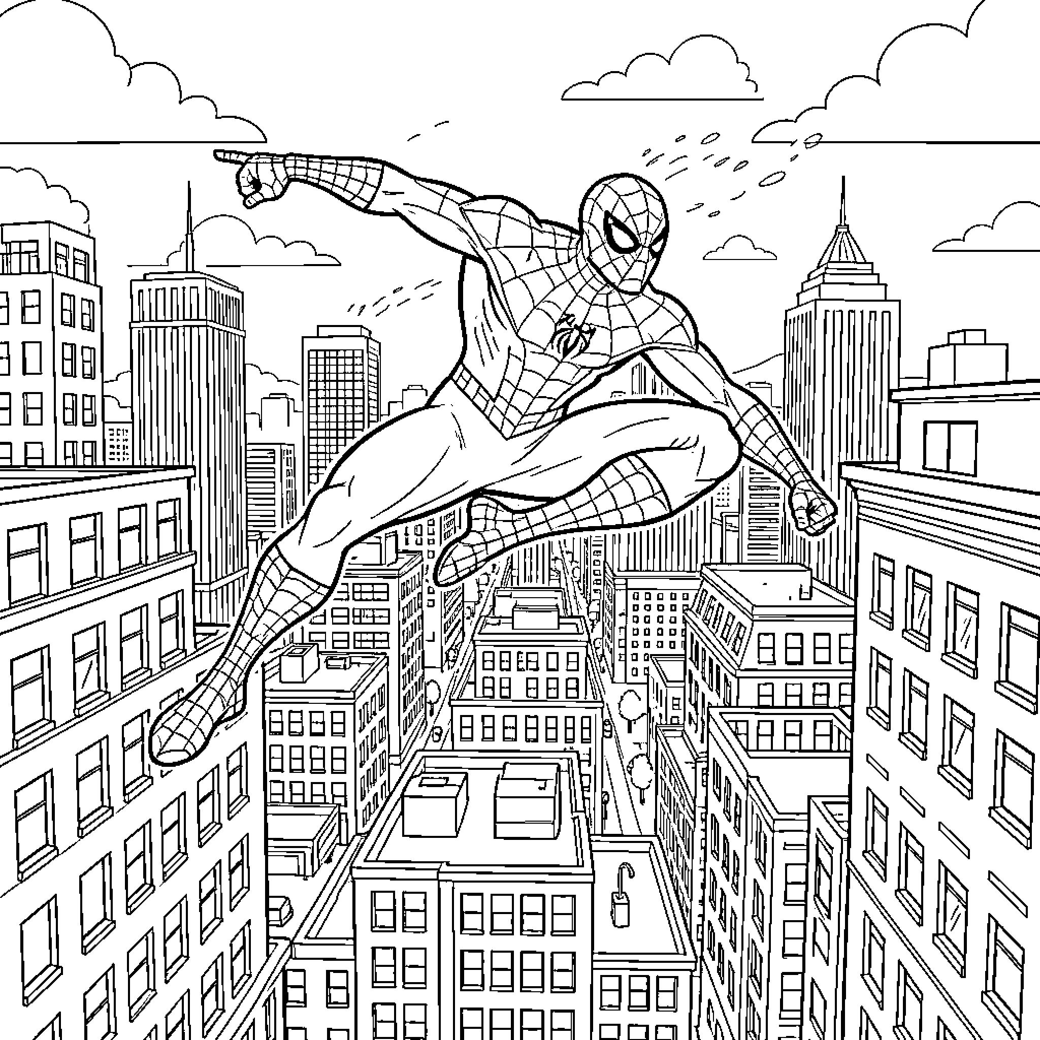 Spider-Man leaping through the cityscape Coloring Page (free black-and-white line drawing printable PDF for all, from beginners to advanced learners, including children, teens, adults, and seniors)