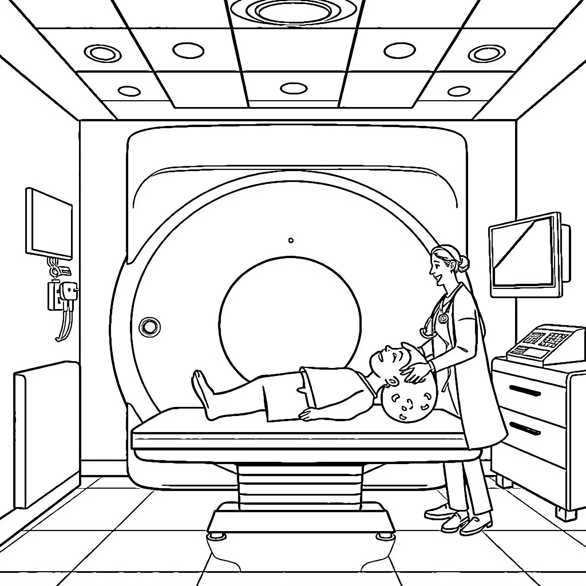 MRI Room: Patient Undergoing Scan with Medical Personnel Coloring Page (free black-and-white line drawing printable PDF for all, from beginners to advanced learners, including children, teens, adults, and seniors)