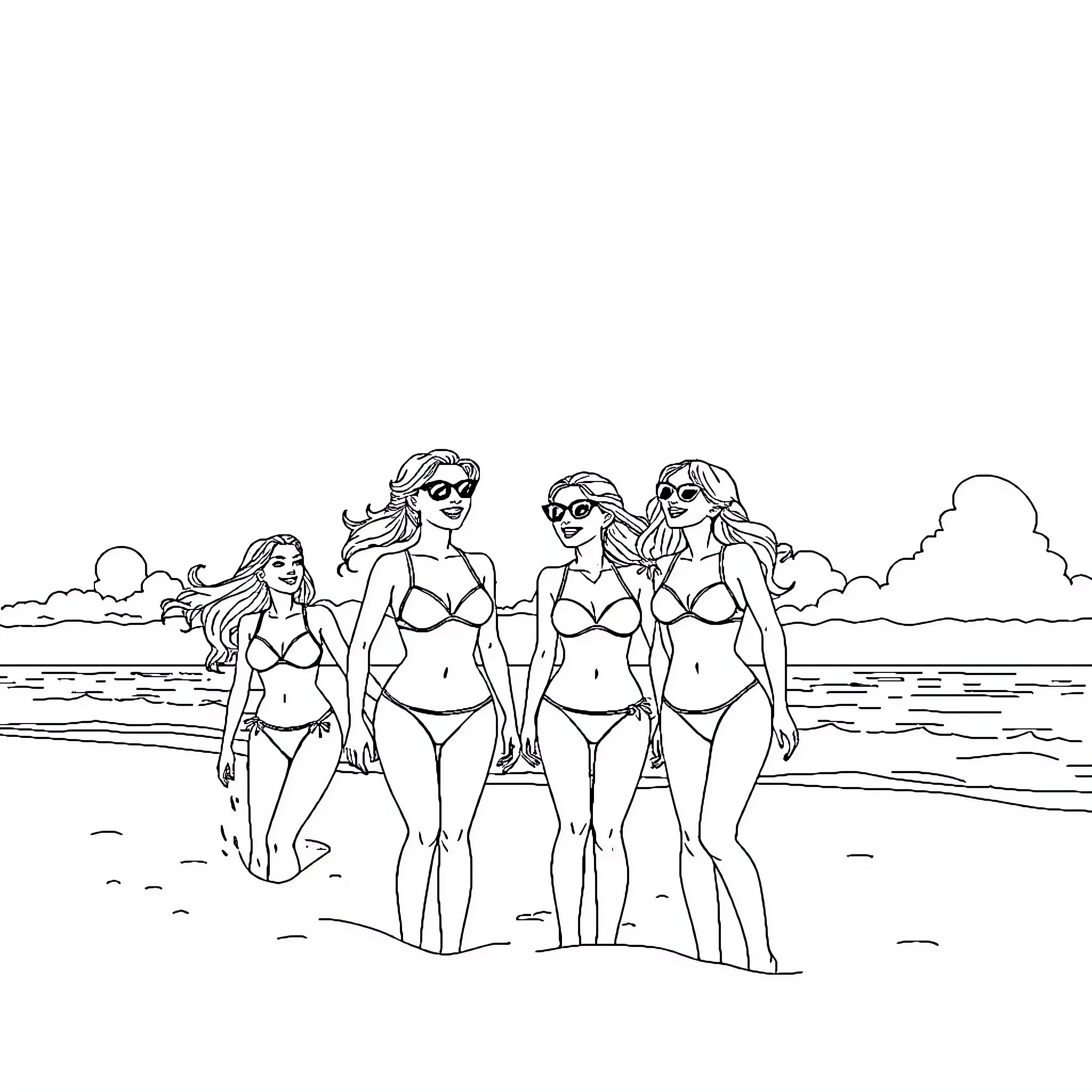 Girls enjoying a day at the beach Coloring Page (free black-and-white line drawing printable PDF for all, from beginners to advanced learners, including children, teens, adults, and seniors)