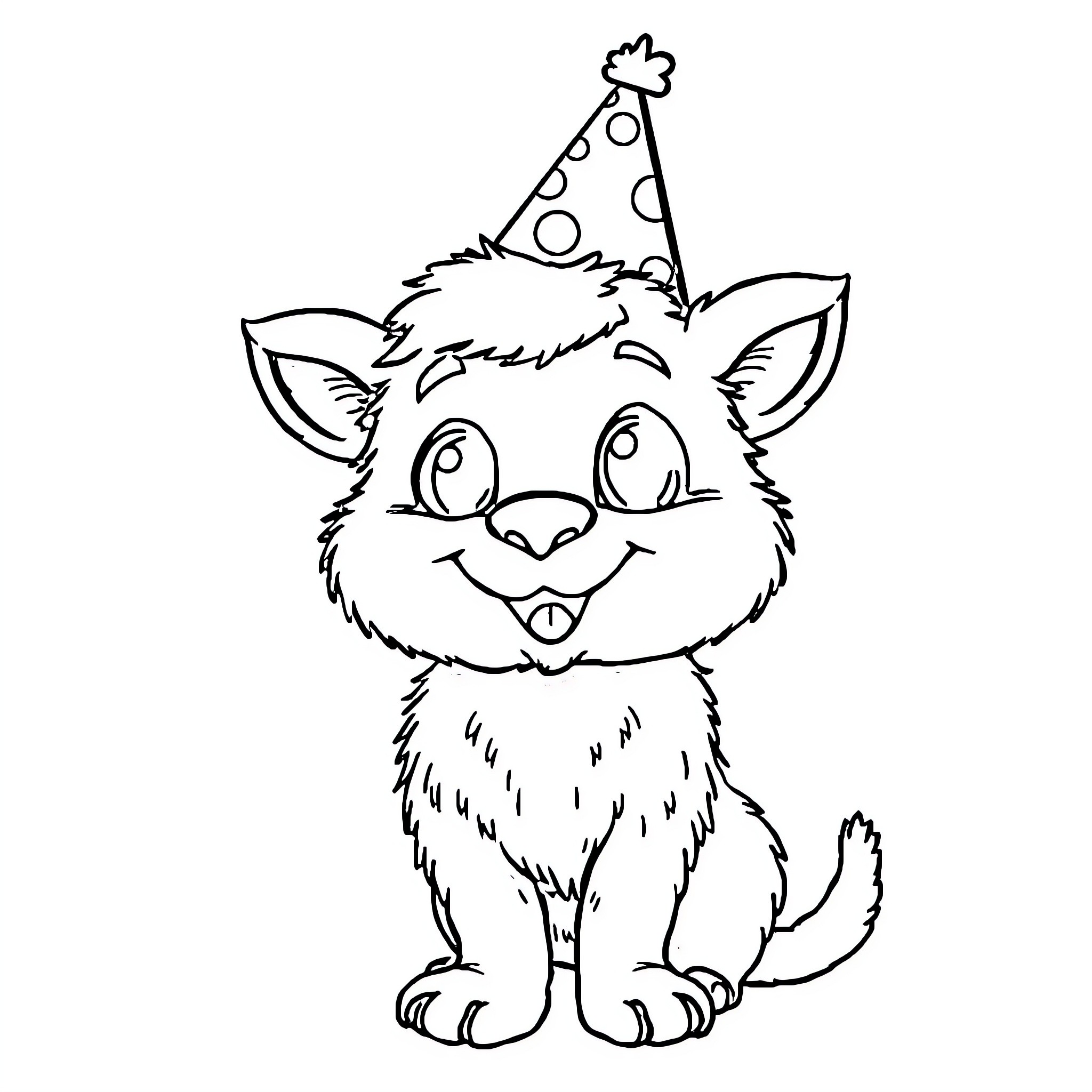 Bluey wearing birthday hat and smiling happily Coloring Page (free black-and-white line drawing printable PDF for all, from beginners to advanced learners, including children, teens, adults, and seniors)