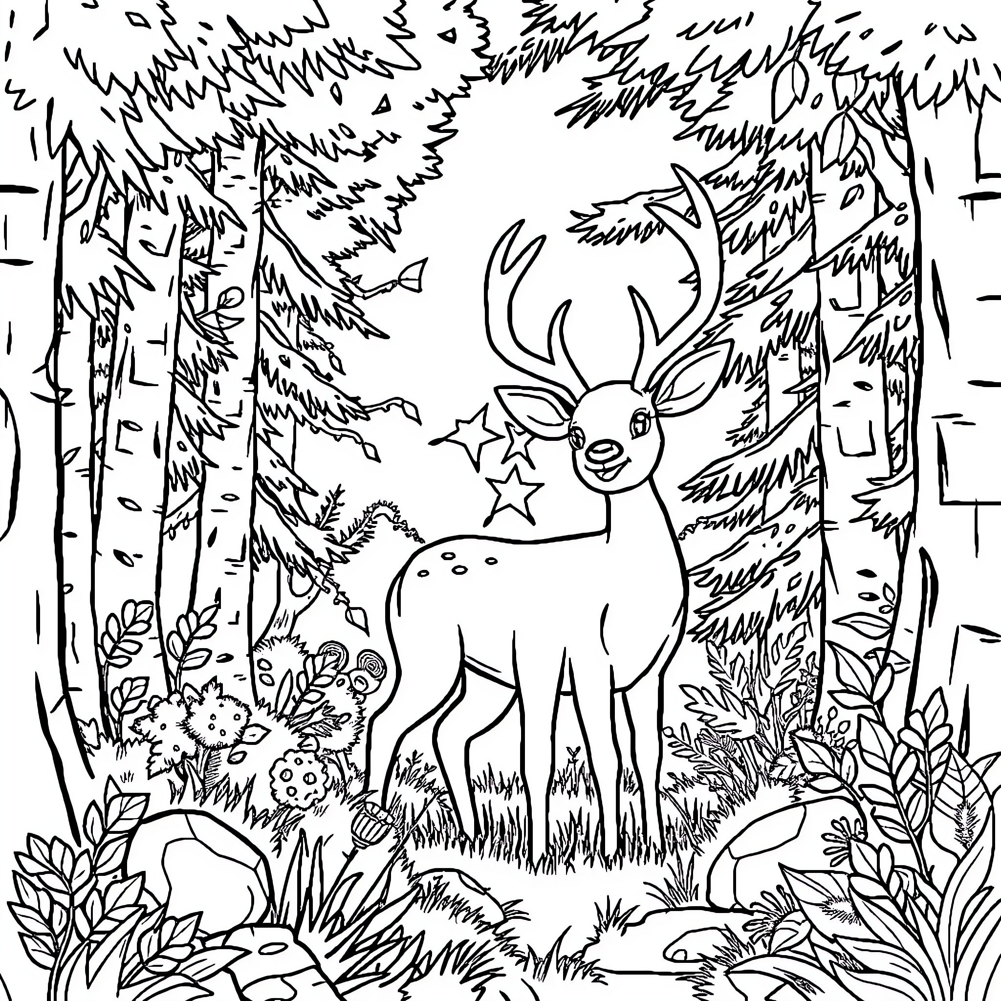 Kid Deer exploring the forest scenery Coloring Page (free black-and-white line drawing printable PDF for all, from beginners to advanced learners, including children, teens, adults, and seniors)