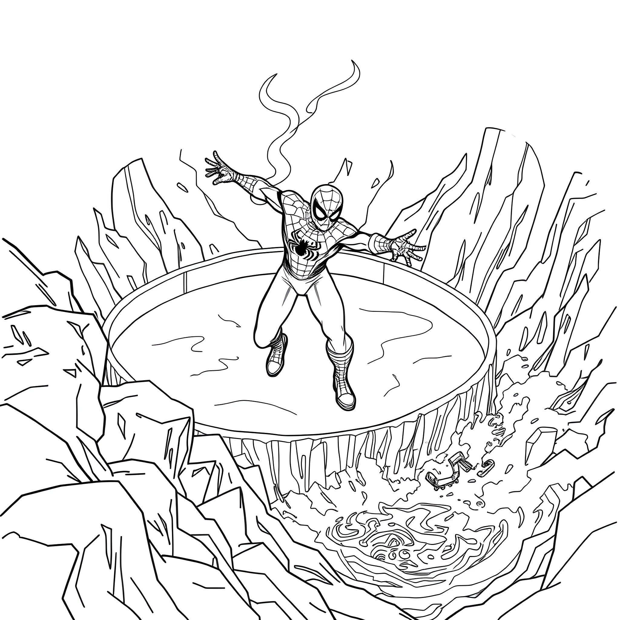 Spiderman leaping into action from a mysterious portal Coloring Page (free black-and-white line drawing printable PDF for all, from beginners to advanced learners, including children, teens, adults, and seniors)