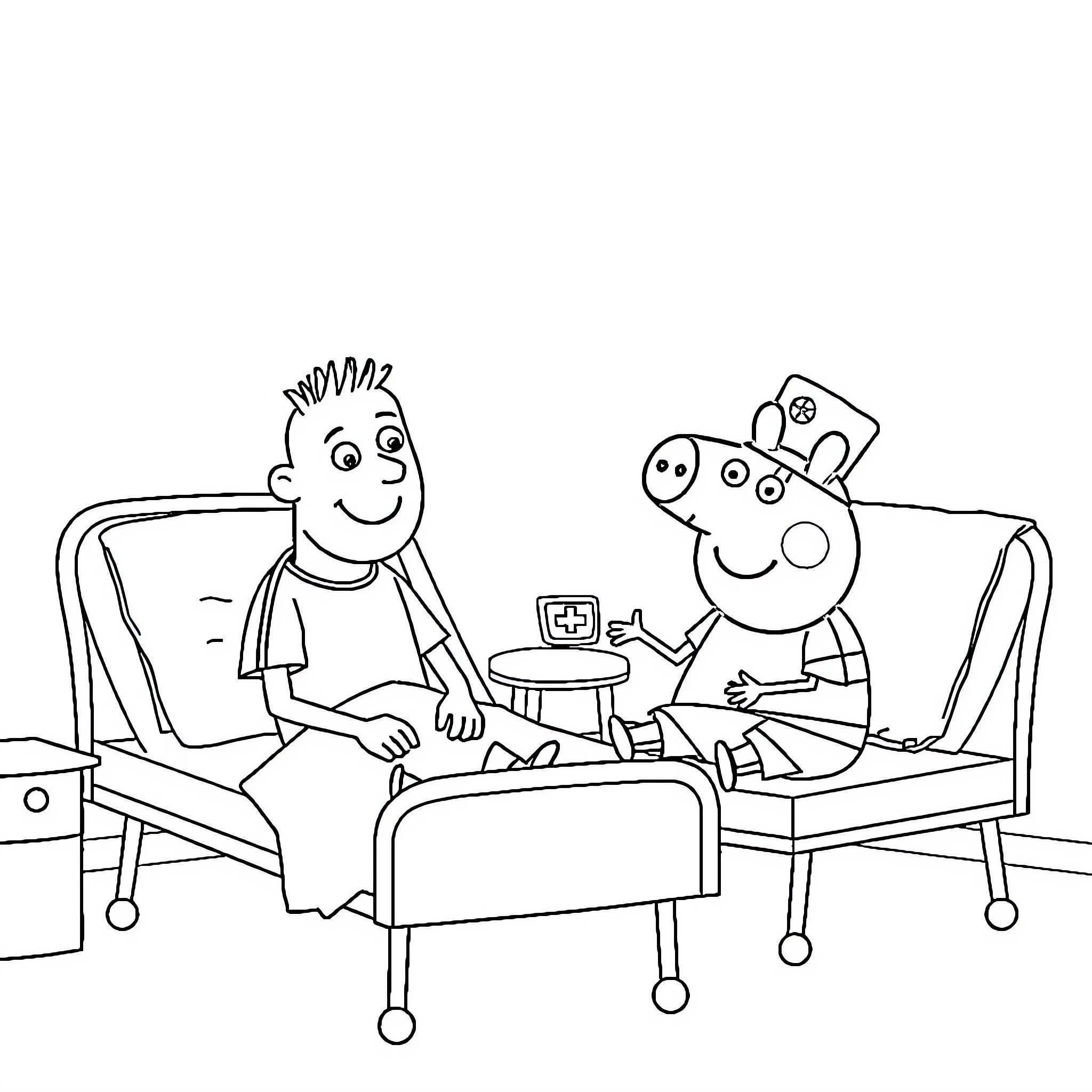 Cristiano Ronaldo and Peppa Pig Enjoy Hospital Visit Coloring Page (free black-and-white line drawing printable PDF for all, from beginners to advanced learners, including children, teens, adults, and seniors)