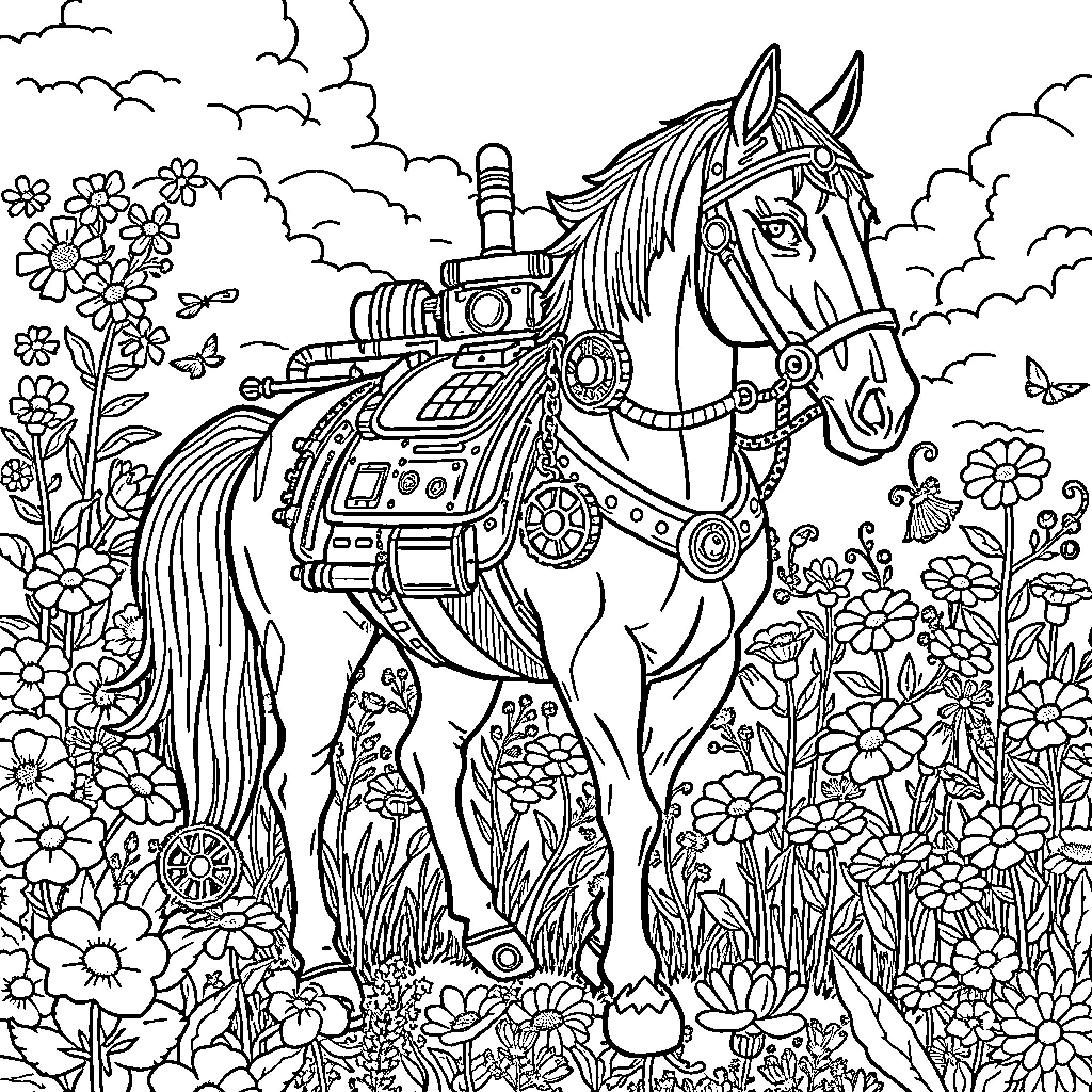 Horse with Mechanical Adornments in Floral Landscape Coloring Page (free black-and-white line drawing printable PDF for all, from beginners to advanced learners, including children, teens, adults, and seniors)