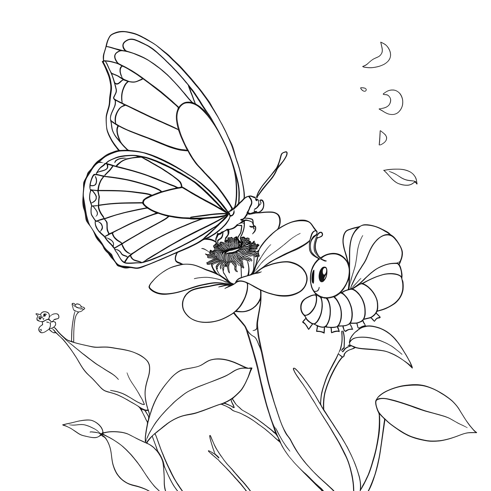 Butterfly resting on flower with moon and leaves Coloring Page (free black-and-white line drawing printable PDF for all, from beginners to advanced learners, including children, teens, adults, and seniors)