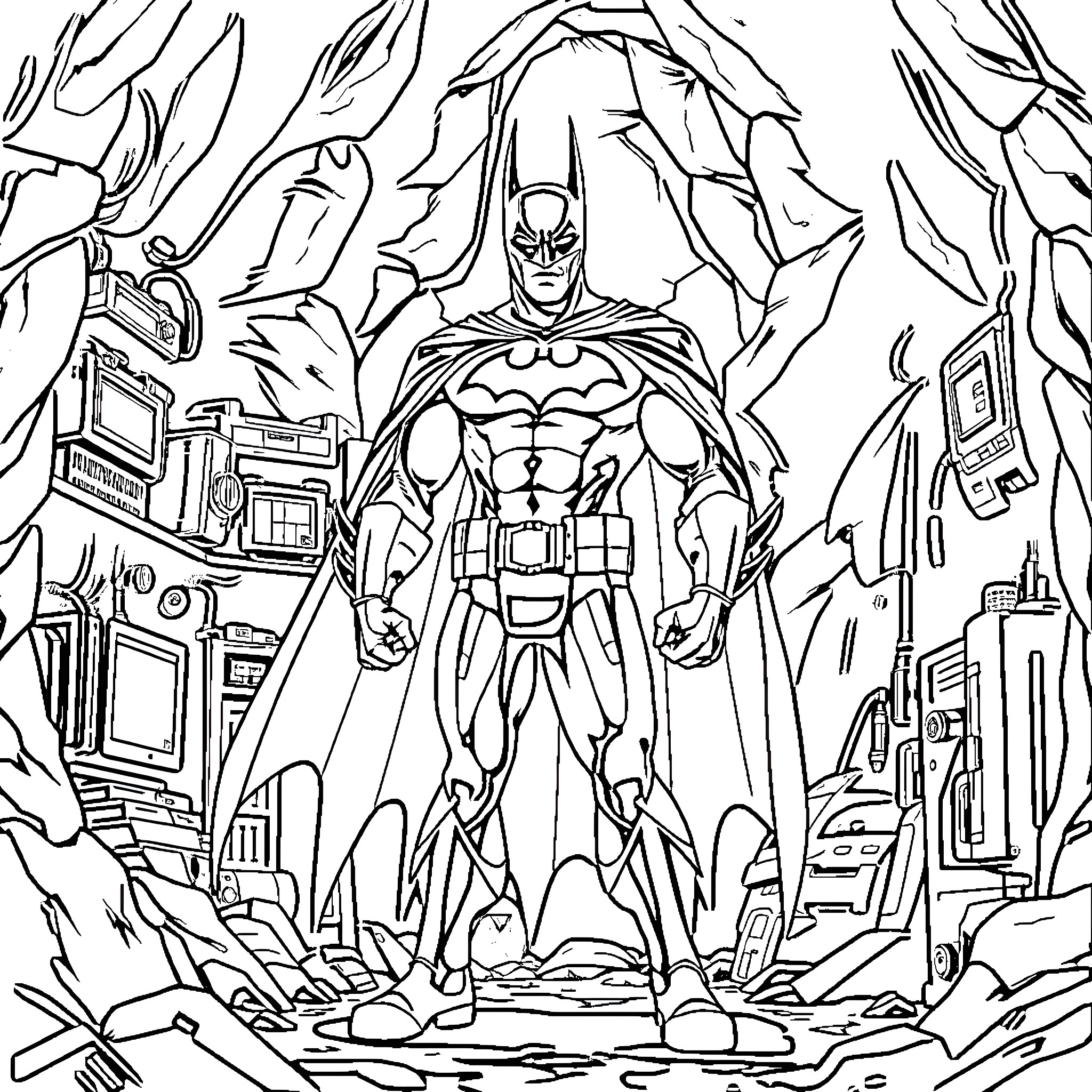 Batman Confronting Enemies in City Ruins Coloring Page (free black-and-white line drawing printable PDF for all, from beginners to advanced learners, including children, teens, adults, and seniors)