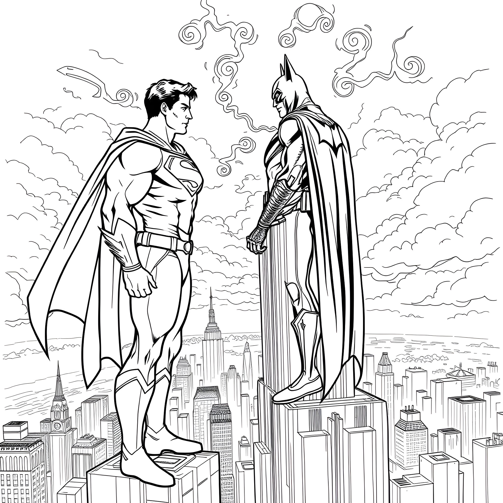 Superman and Batman standing tall over the city Coloring Page (free black-and-white line drawing printable PDF for all, from beginners to advanced learners, including children, teens, adults, and seniors)