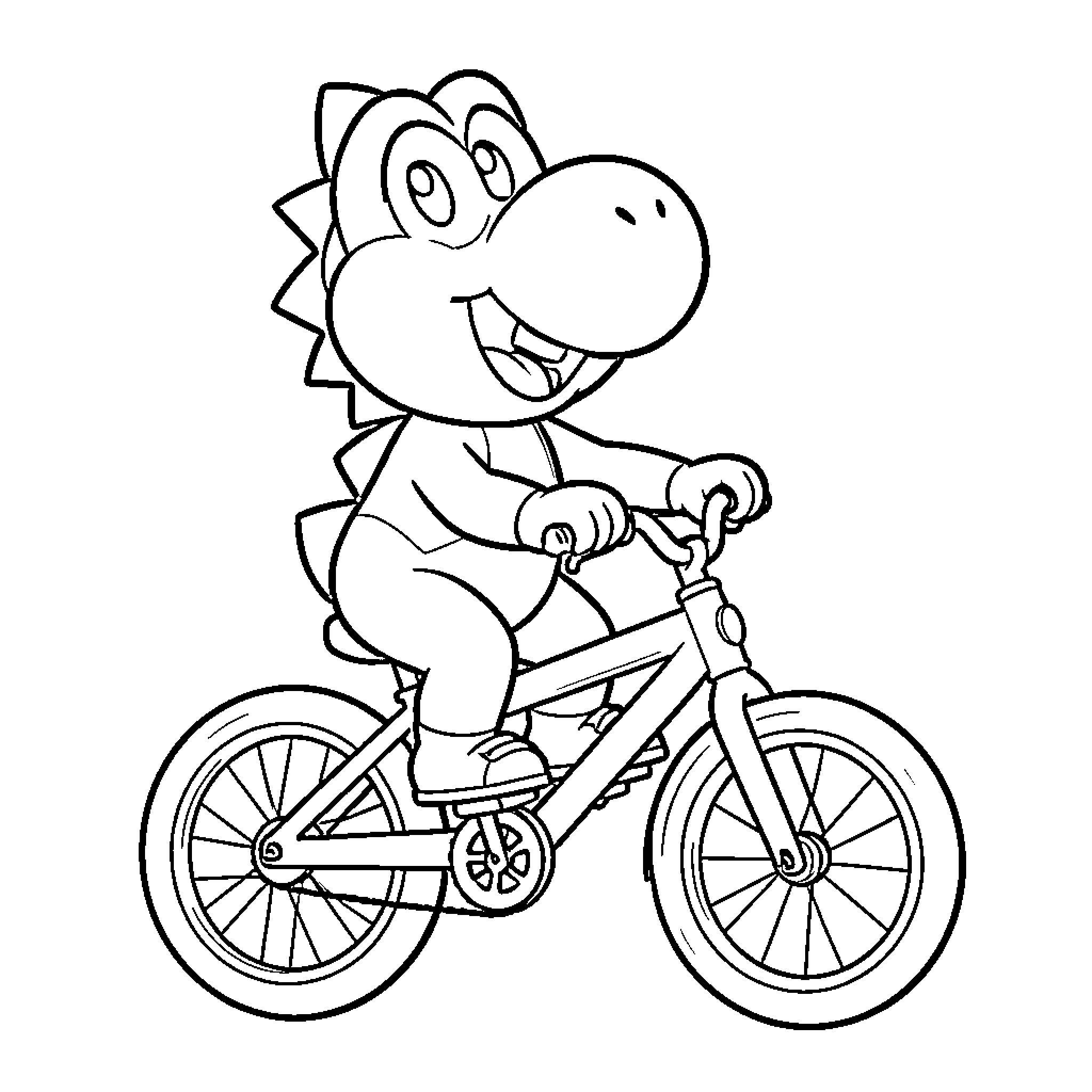 Yoshi happily riding a bicycle Coloring Page (free black-and-white line drawing printable PDF for all, from beginners to advanced learners, including children, teens, adults, and seniors)