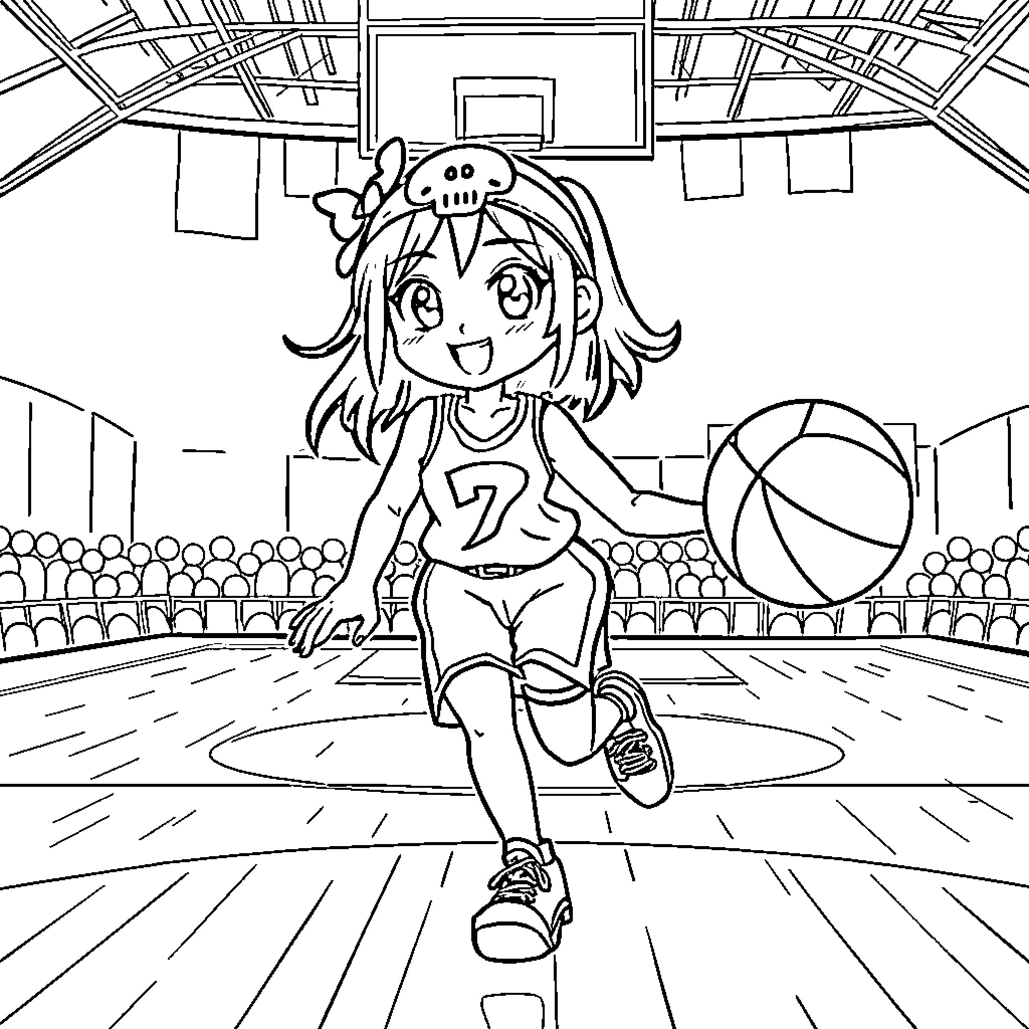 Kuromi playing basketball happily on the court Coloring Page (free black-and-white line drawing printable PDF for all, from beginners to advanced learners, including children, teens, adults, and seniors)