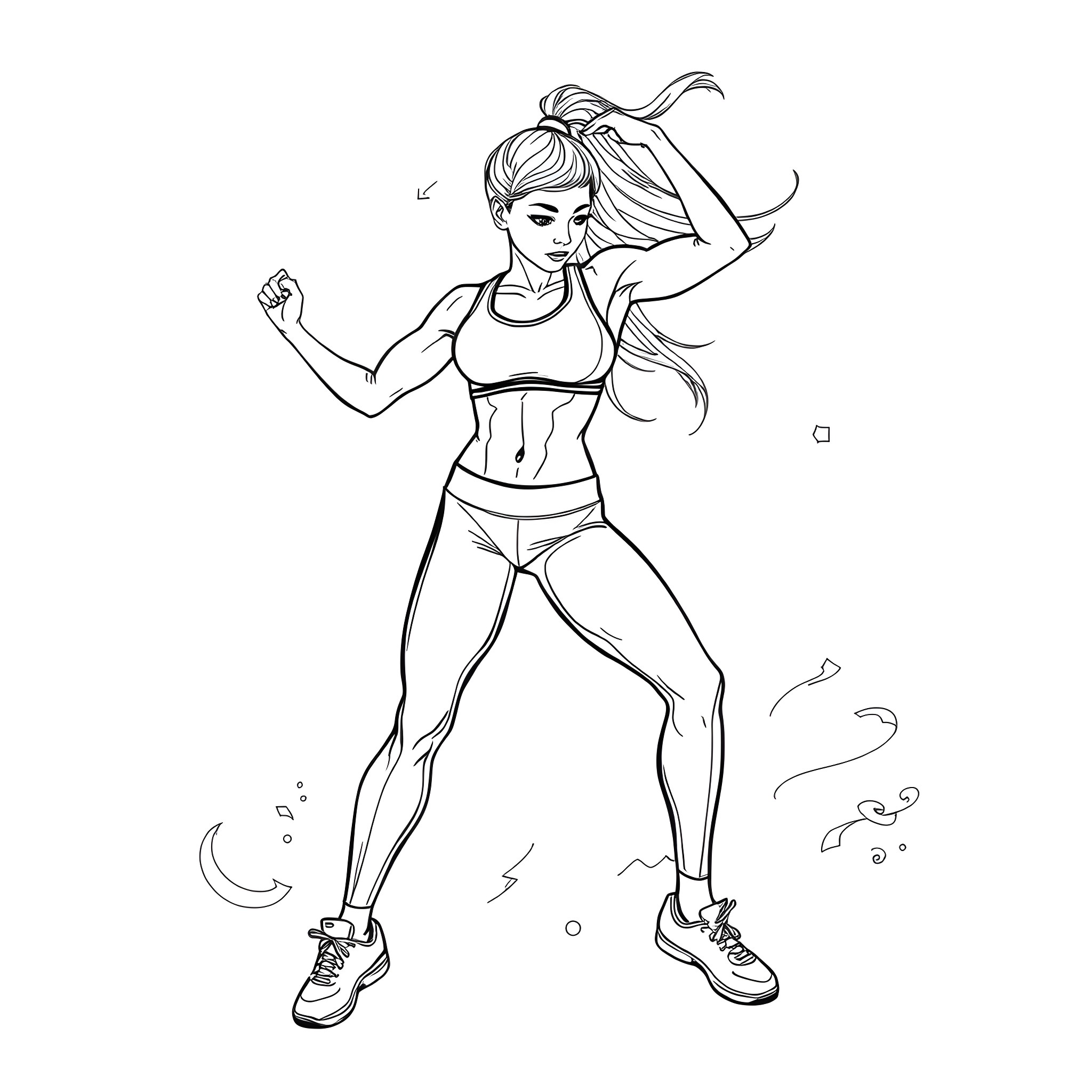 Anime Woman in Athletic Pose with Flowing Hair Coloring Page (free black-and-white line drawing printable PDF for all, from beginners to advanced learners, including children, teens, adults, and seniors)