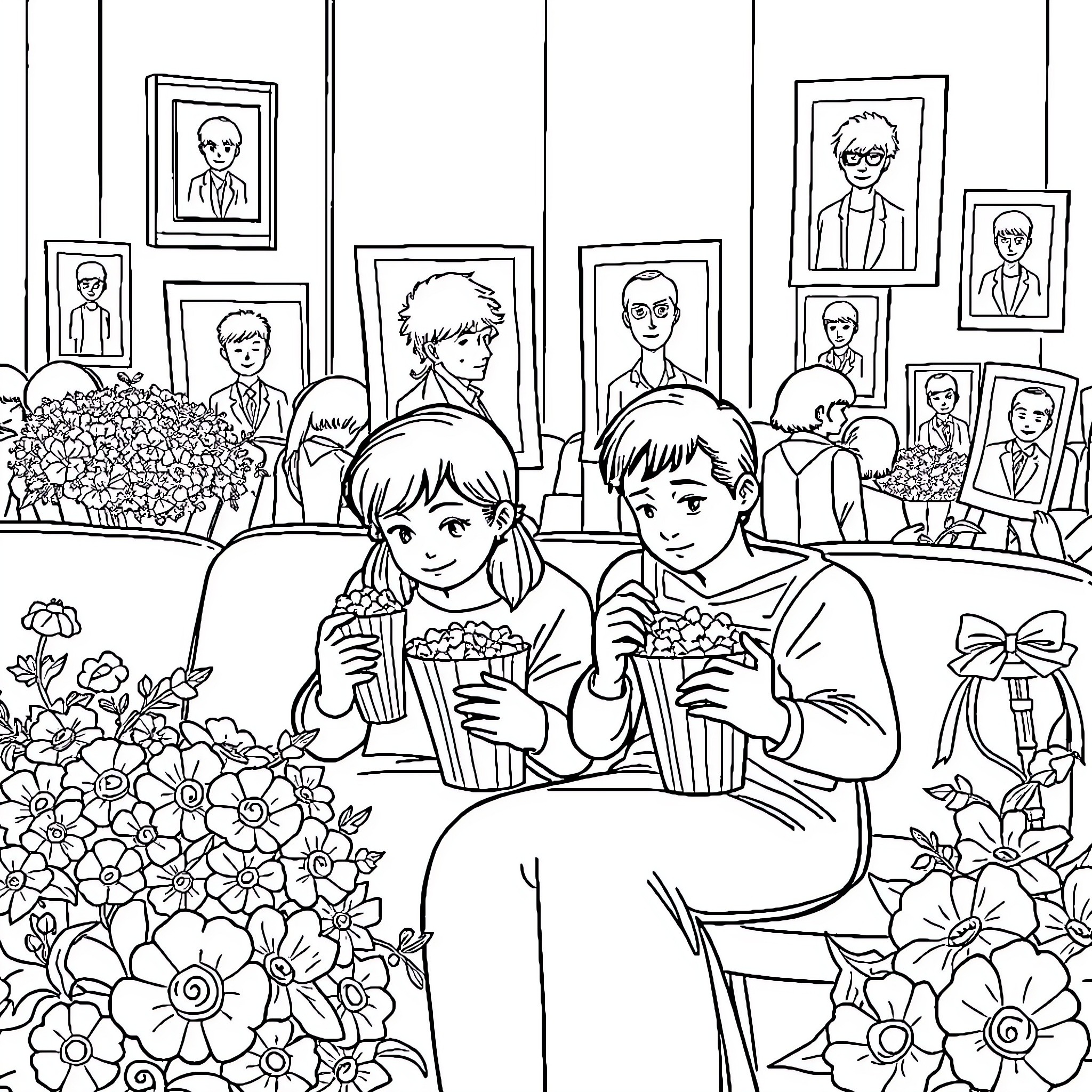 Family Enjoying Popcorn and Flowers in Art Gallery Coloring Page (free black-and-white line drawing printable PDF for all, from beginners to advanced learners, including children, teens, adults, and seniors)