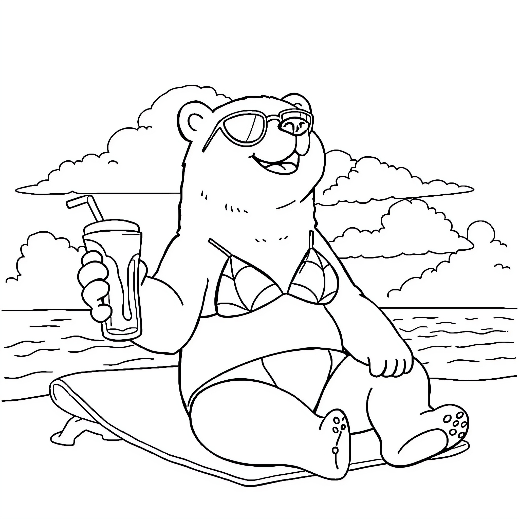 Polar Bear enjoying summer vacation on the beach Coloring Page (free black-and-white line drawing printable PDF for all, from beginners to advanced learners, including children, teens, adults, and seniors)