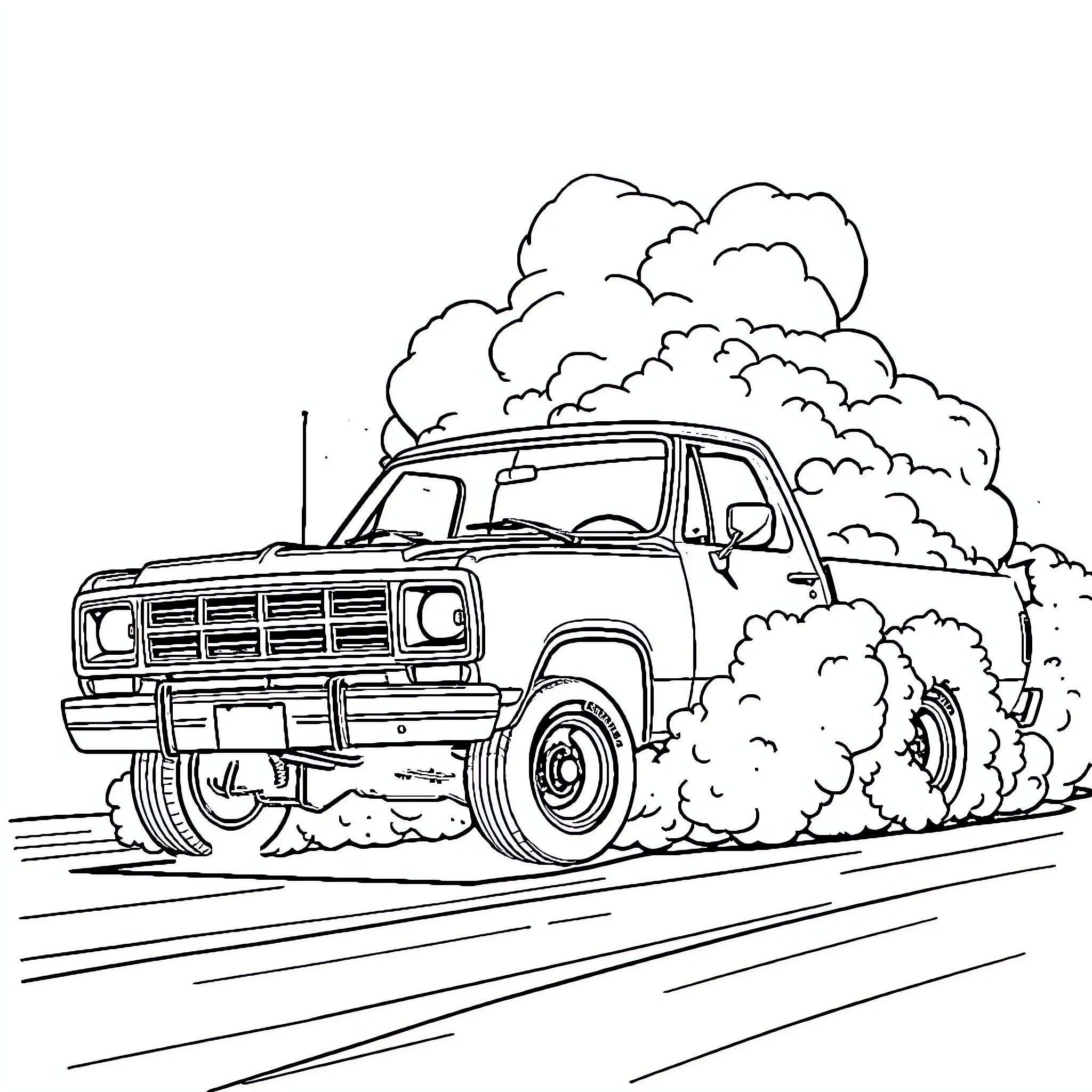 Dodge truck kicking up dust on the road Coloring Page (free black-and-white line drawing printable PDF for all, from beginners to advanced learners, including children, teens, adults, and seniors)