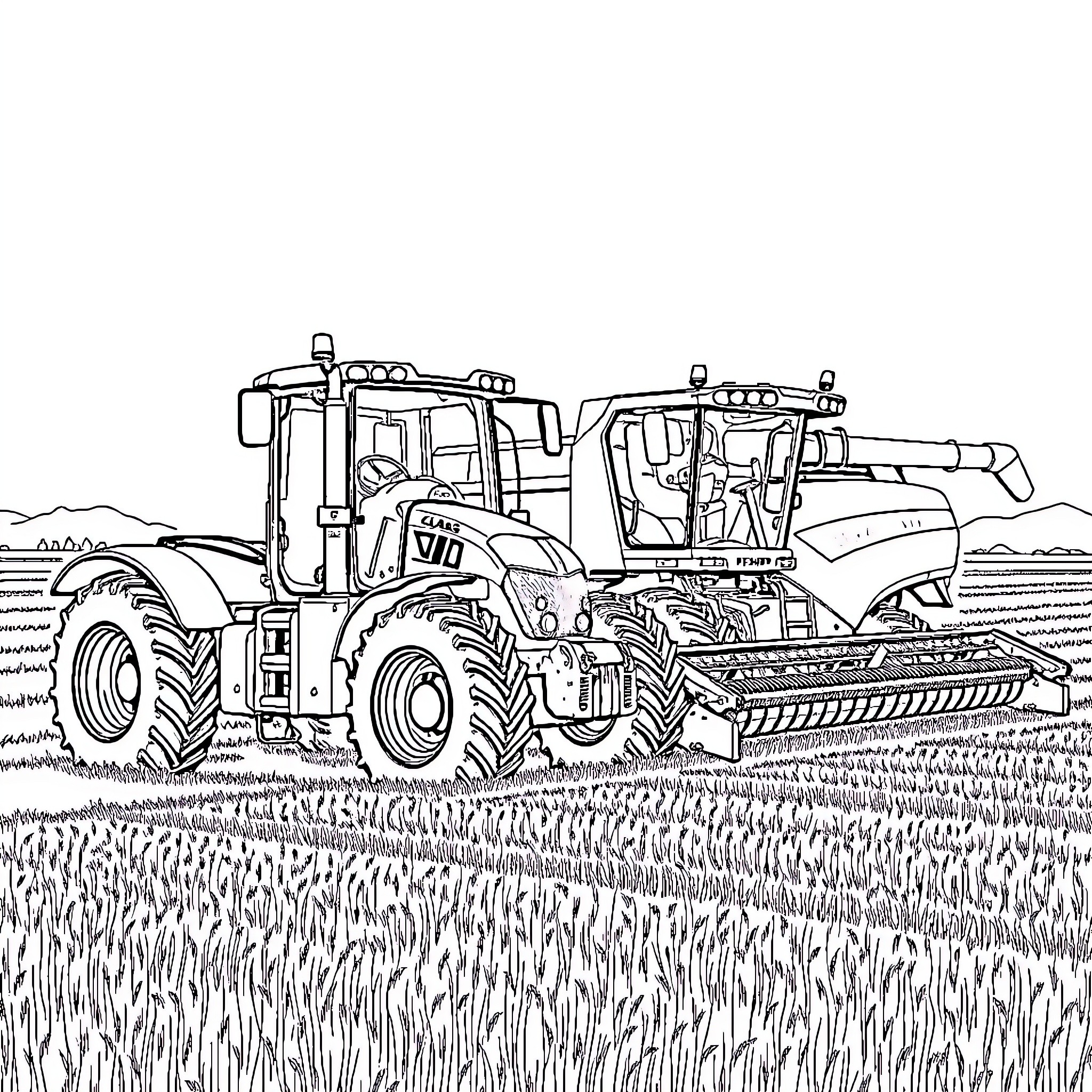 Tractor harvesting crops in a field Coloring Page (free black-and-white line drawing printable PDF for all, from beginners to advanced learners, including children, teens, adults, and seniors)