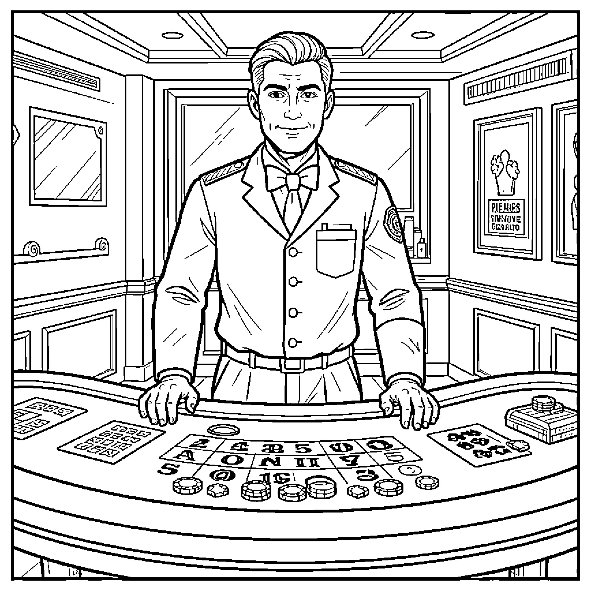 Casino Worker smiling behind a gaming table Coloring Page (free black-and-white line drawing printable PDF for all, from beginners to advanced learners, including children, teens, adults, and seniors)