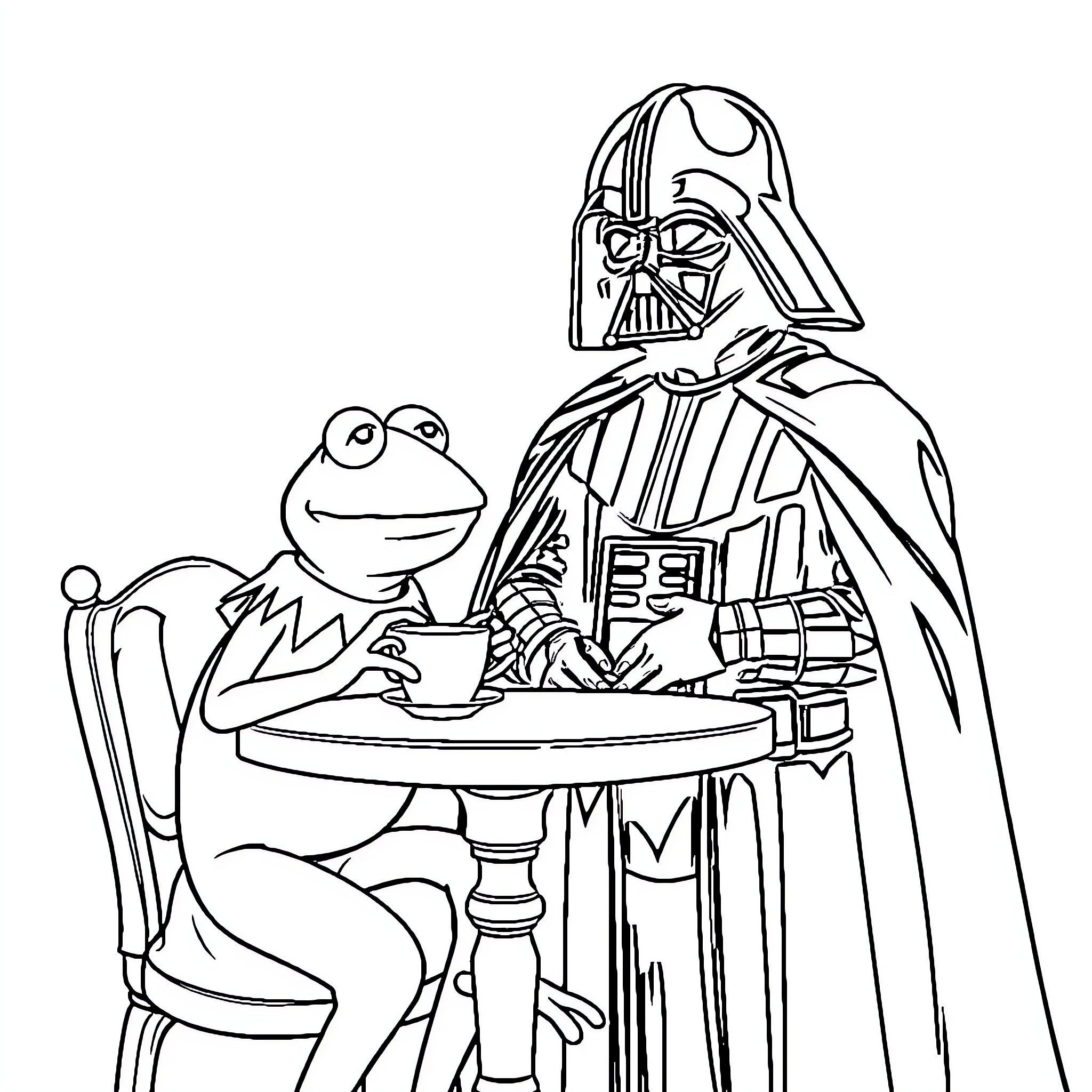 Kermit and Darth Vader having a friendly chat Coloring Page (free black-and-white line drawing printable PDF for all, from beginners to advanced learners, including children, teens, adults, and seniors)