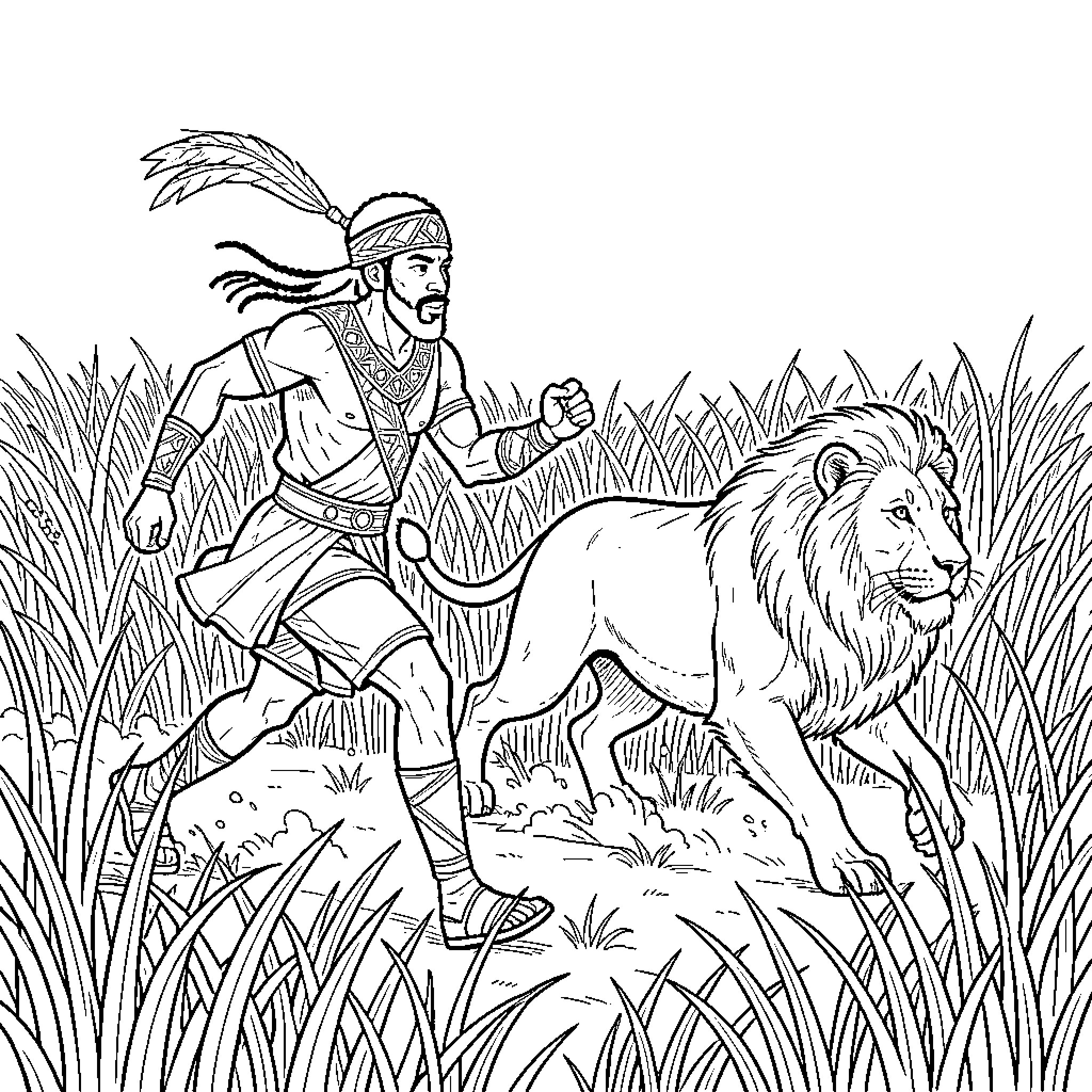 Warrior running alongside a majestic lion in the grass Coloring Page (free black-and-white line drawing printable PDF for all, from beginners to advanced learners, including children, teens, adults, and seniors)
