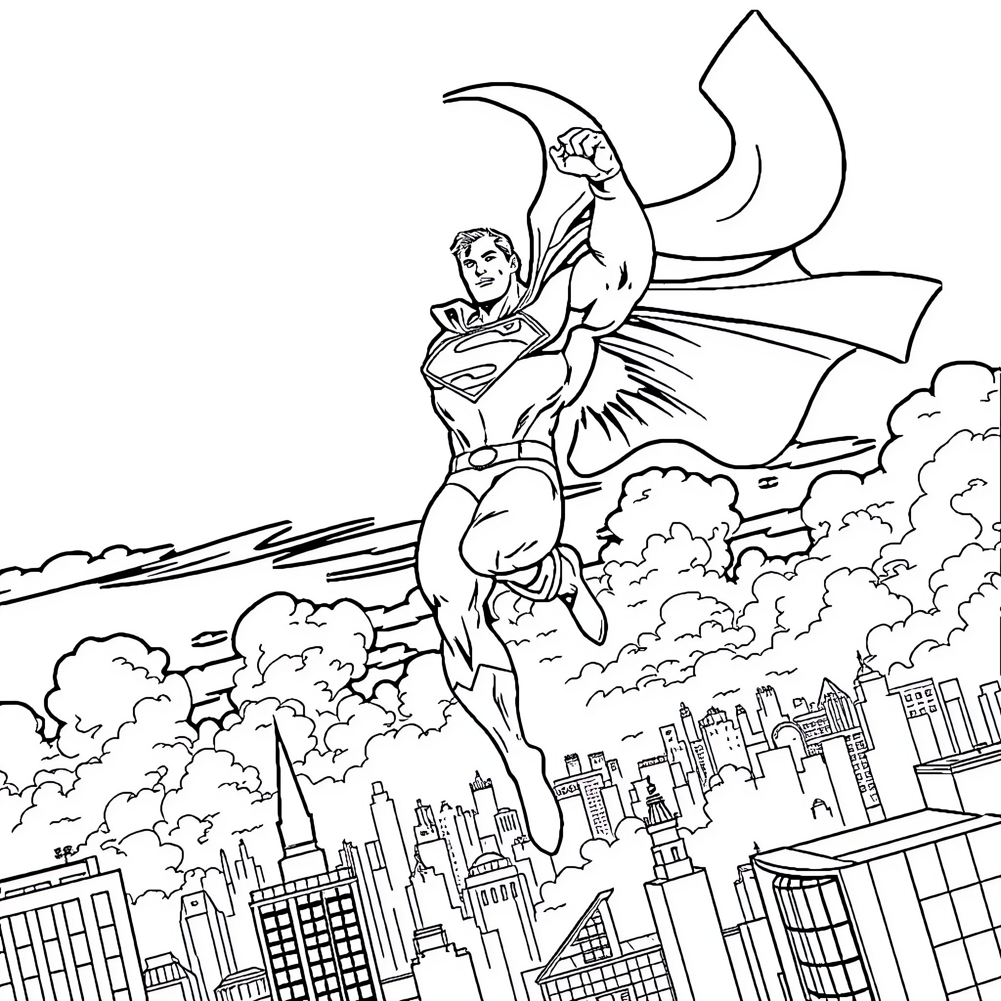 Superman soaring above the city skyline Coloring Page (free black-and-white line drawing printable PDF for all, from beginners to advanced learners, including children, teens, adults, and seniors)