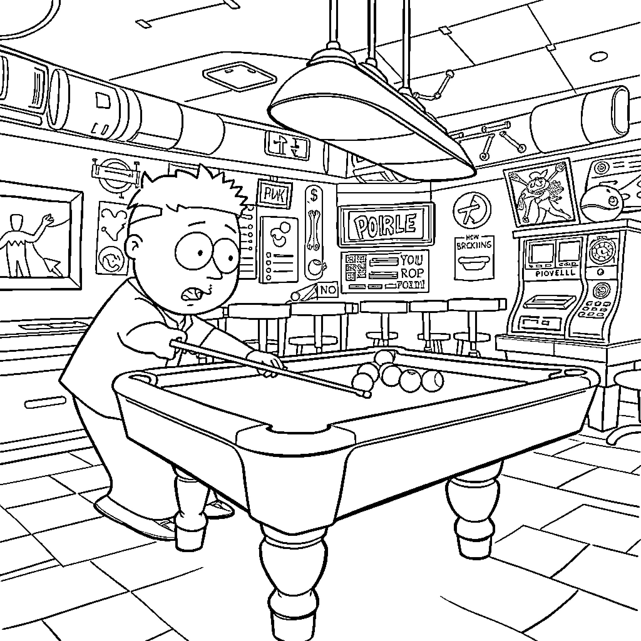 Eric Cartman playing pool in a game room Coloring Page (free black-and-white line drawing printable PDF for all, from beginners to advanced learners, including children, teens, adults, and seniors)