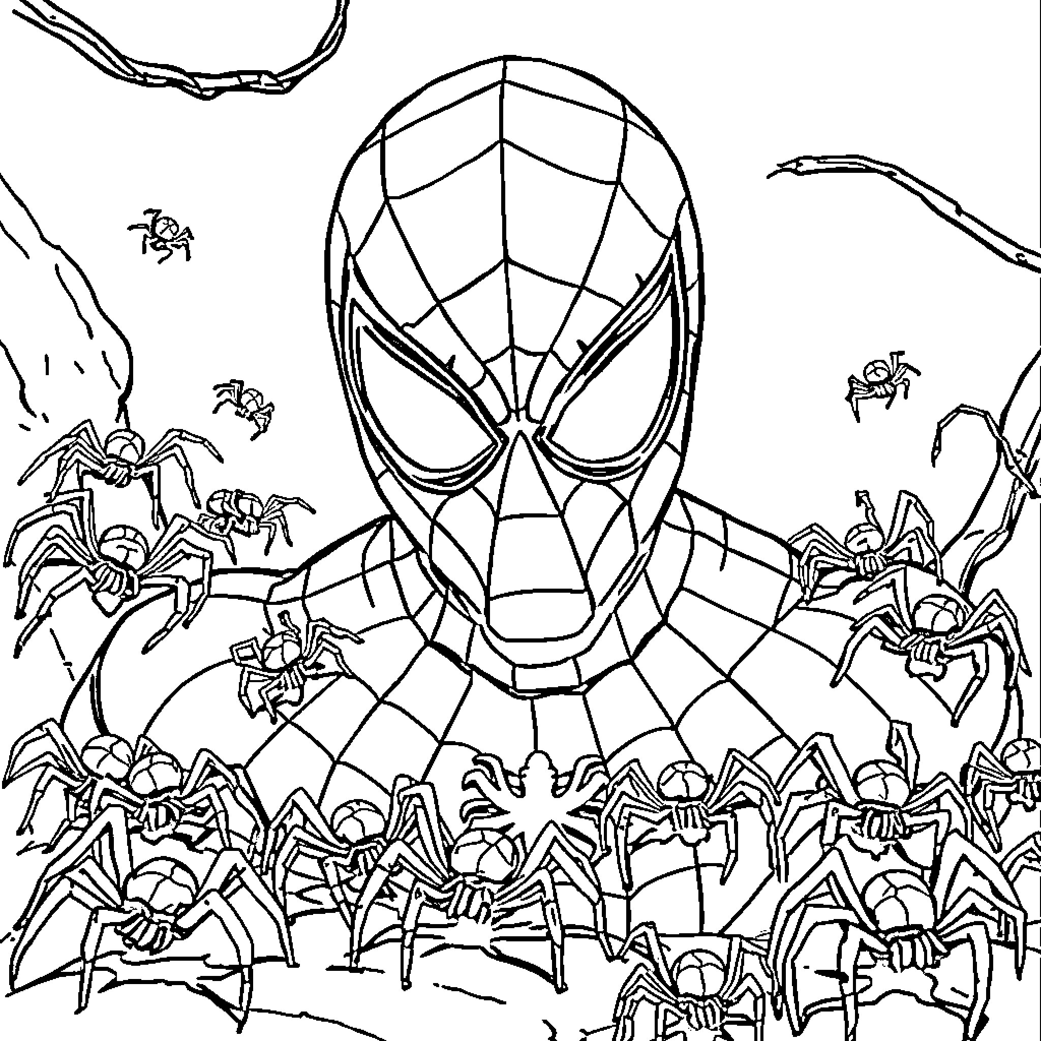 Spiderman surrounded by attacking spiders Coloring Page (free black-and-white line drawing printable PDF for all, from beginners to advanced learners, including children, teens, adults, and seniors)