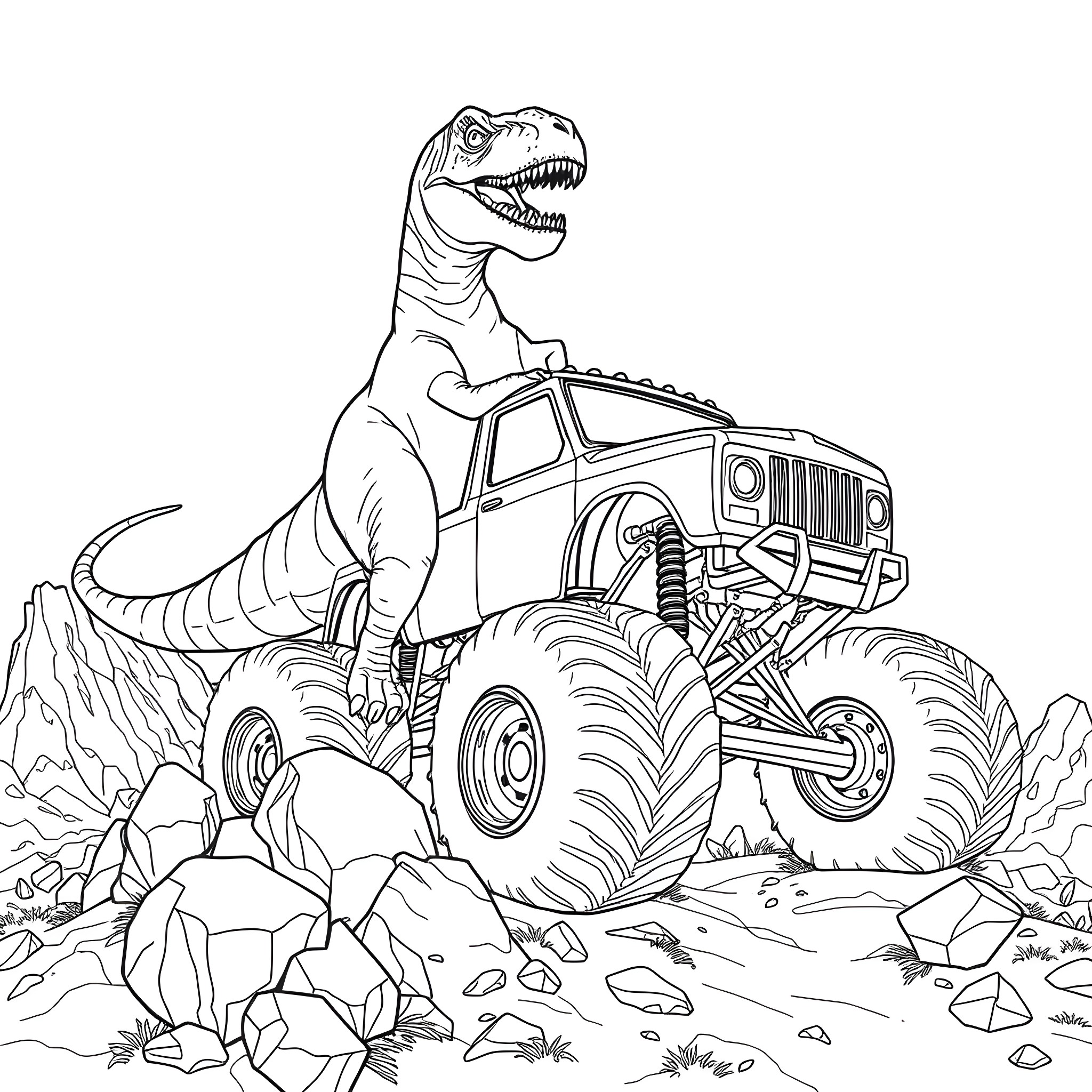 Dinosaur riding a monster truck through the rocks Coloring Page (free black-and-white line drawing printable PDF for all, from beginners to advanced learners, including children, teens, adults, and seniors)