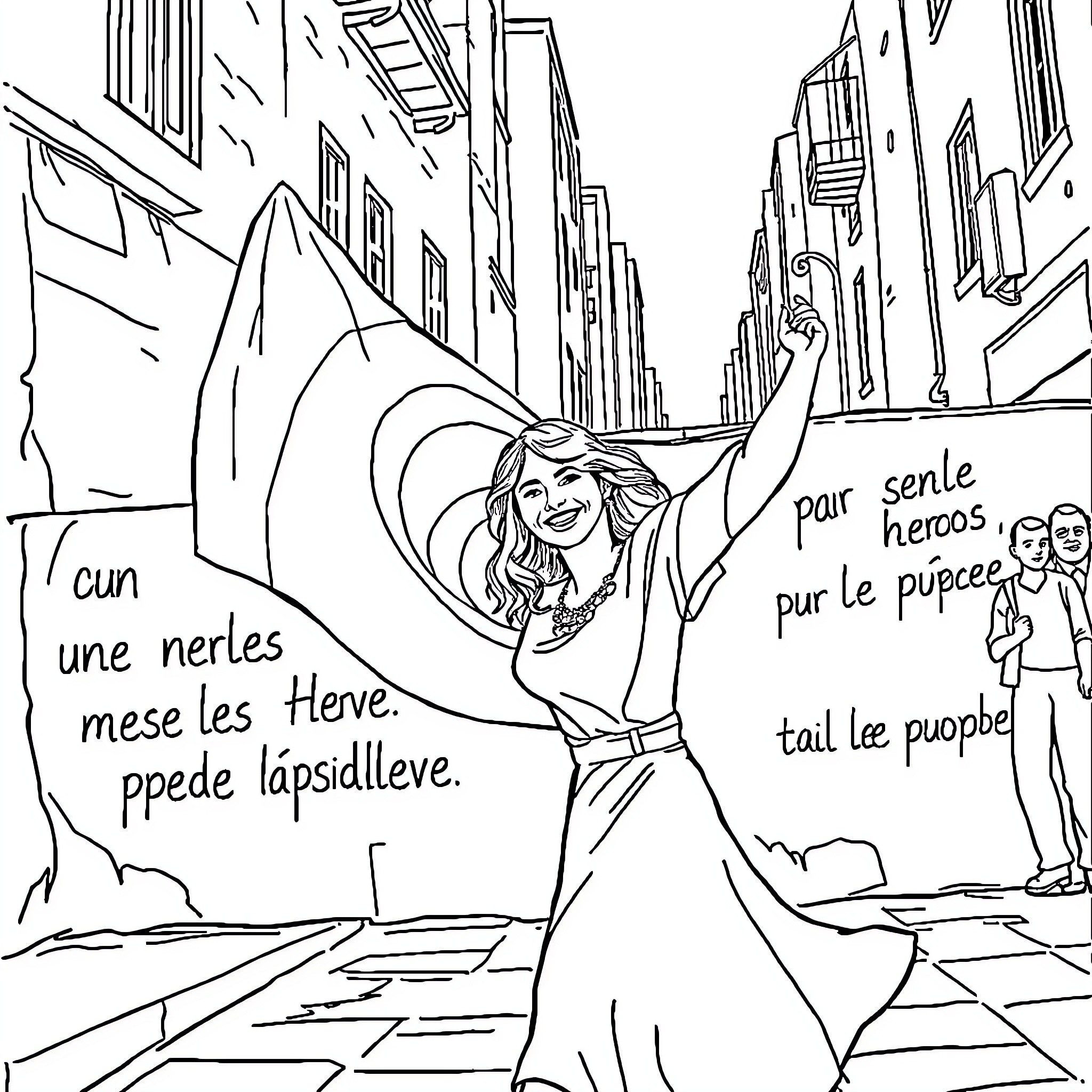 Femme expressing joy and freedom in urban setting Coloring Page (free black-and-white line drawing printable PDF for all, from beginners to advanced learners, including children, teens, adults, and seniors)