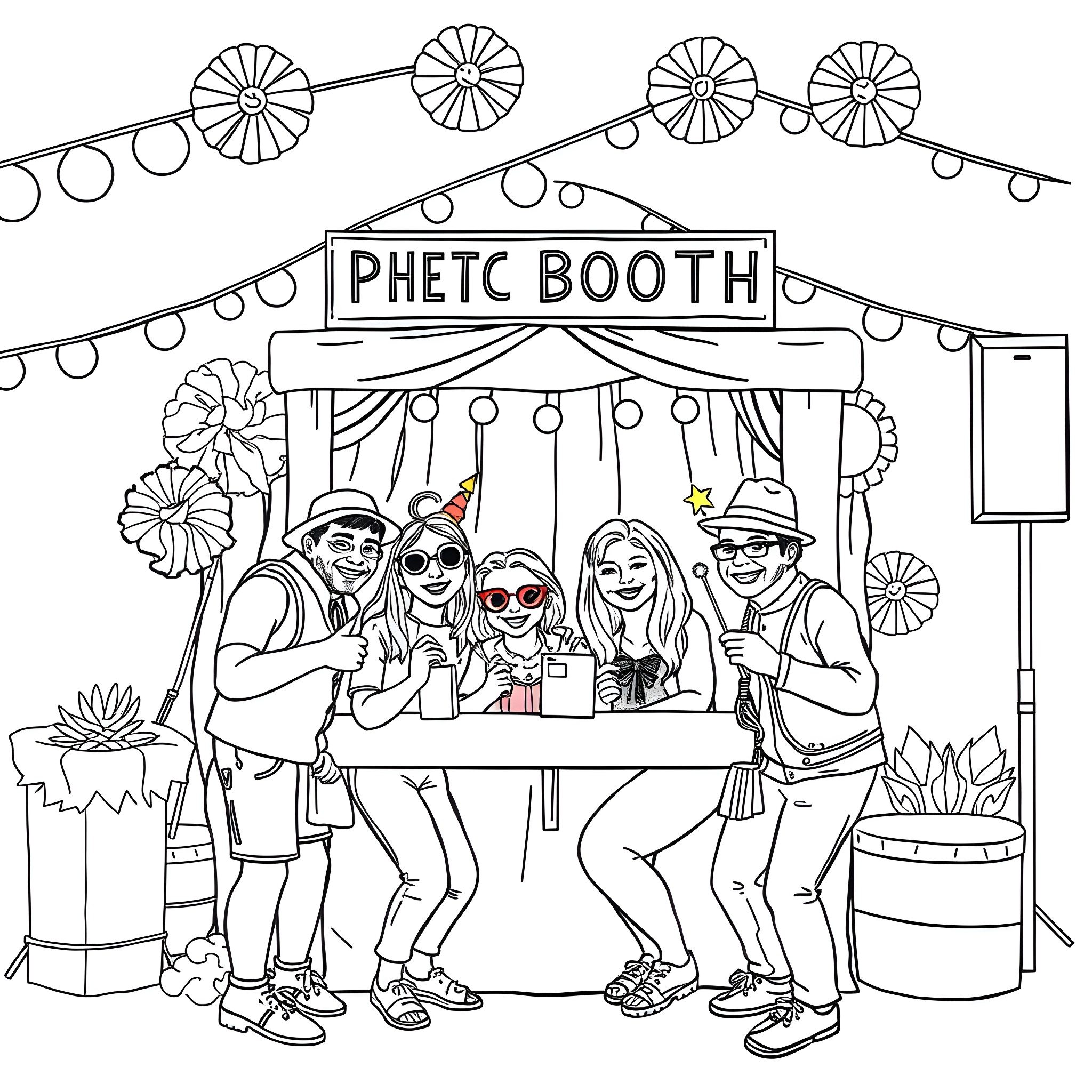 Photo Booth with Group of Friends Posing and Smiling Coloring Page (free black-and-white line drawing printable PDF for all, from beginners to advanced learners, including children, teens, adults, and seniors)