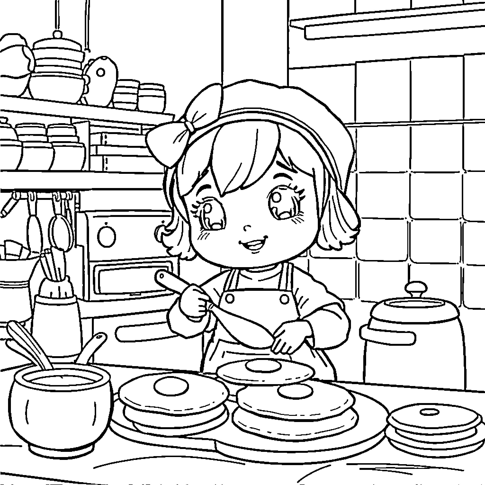 Labubu's Delightful Cooking Adventure Coloring Page (free black-and-white line drawing printable PDF for all, from beginners to advanced learners, including children, teens, adults, and seniors)