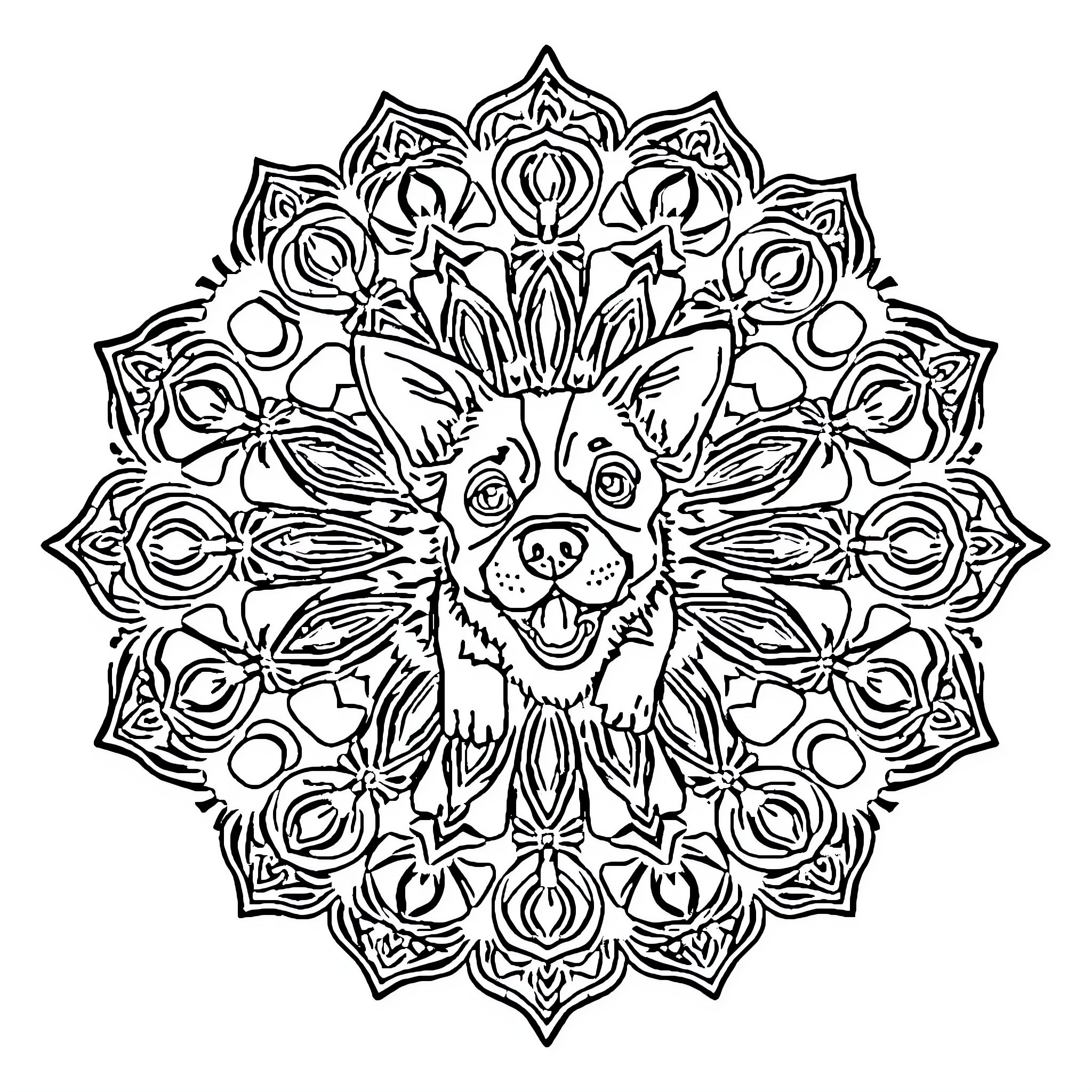 Dog in ornamental mandala design Coloring Page (free black-and-white line drawing printable PDF for all, from beginners to advanced learners, including children, teens, adults, and seniors)