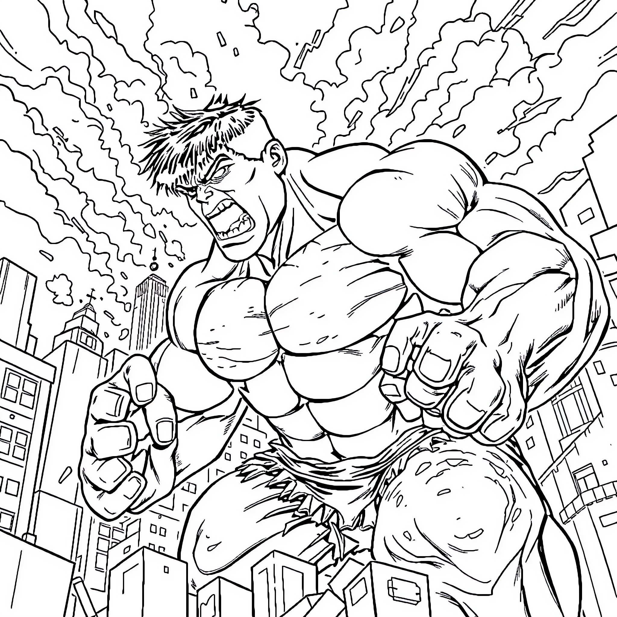 Hulk rampaging through the city in anger Coloring Page (free black-and-white line drawing printable PDF for all, from beginners to advanced learners, including children, teens, adults, and seniors)
