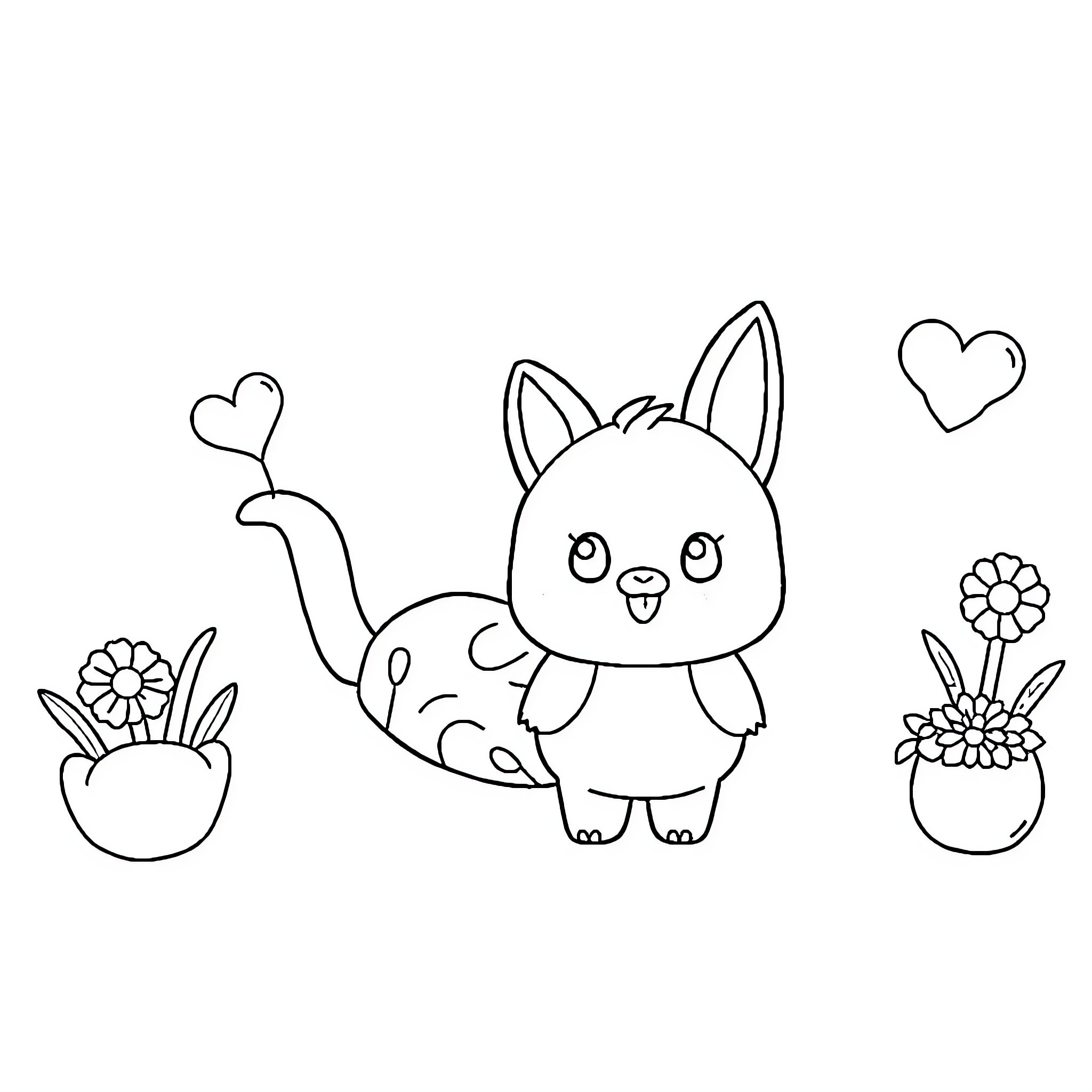 Kawaii bunny playing in a cute garden Coloring Page (free black-and-white line drawing printable PDF for all, from beginners to advanced learners, including children, teens, adults, and seniors)