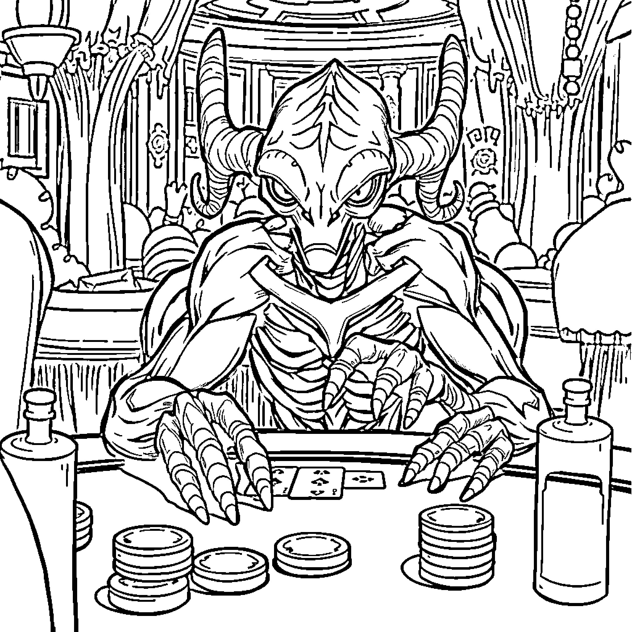 Axolotl Creature Relaxing with Snacks in Ornate Interior Coloring Page (free black-and-white line drawing printable PDF for all, from beginners to advanced learners, including children, teens, adults, and seniors)