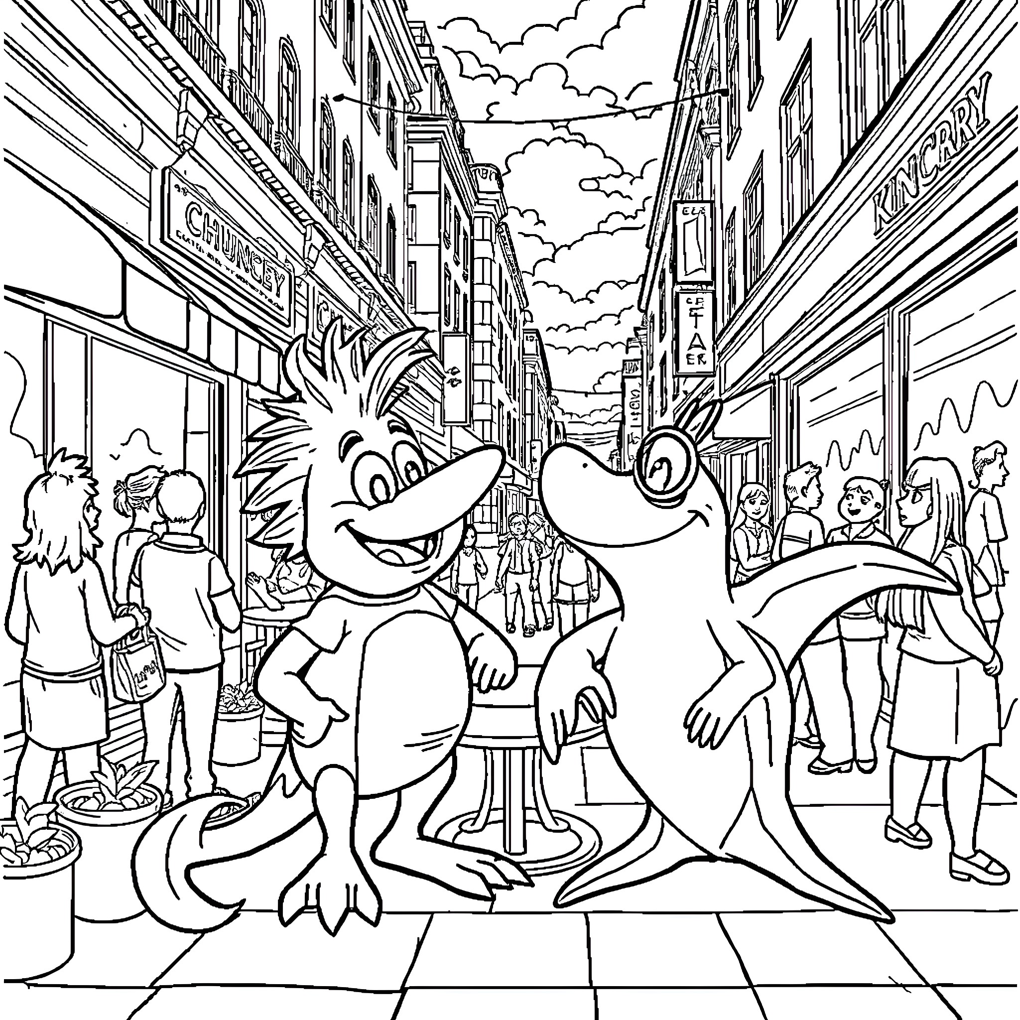 Chanticleer's Lively Encounter in the City Street Coloring Page (free black-and-white line drawing printable PDF for all, from beginners to advanced learners, including children, teens, adults, and seniors)