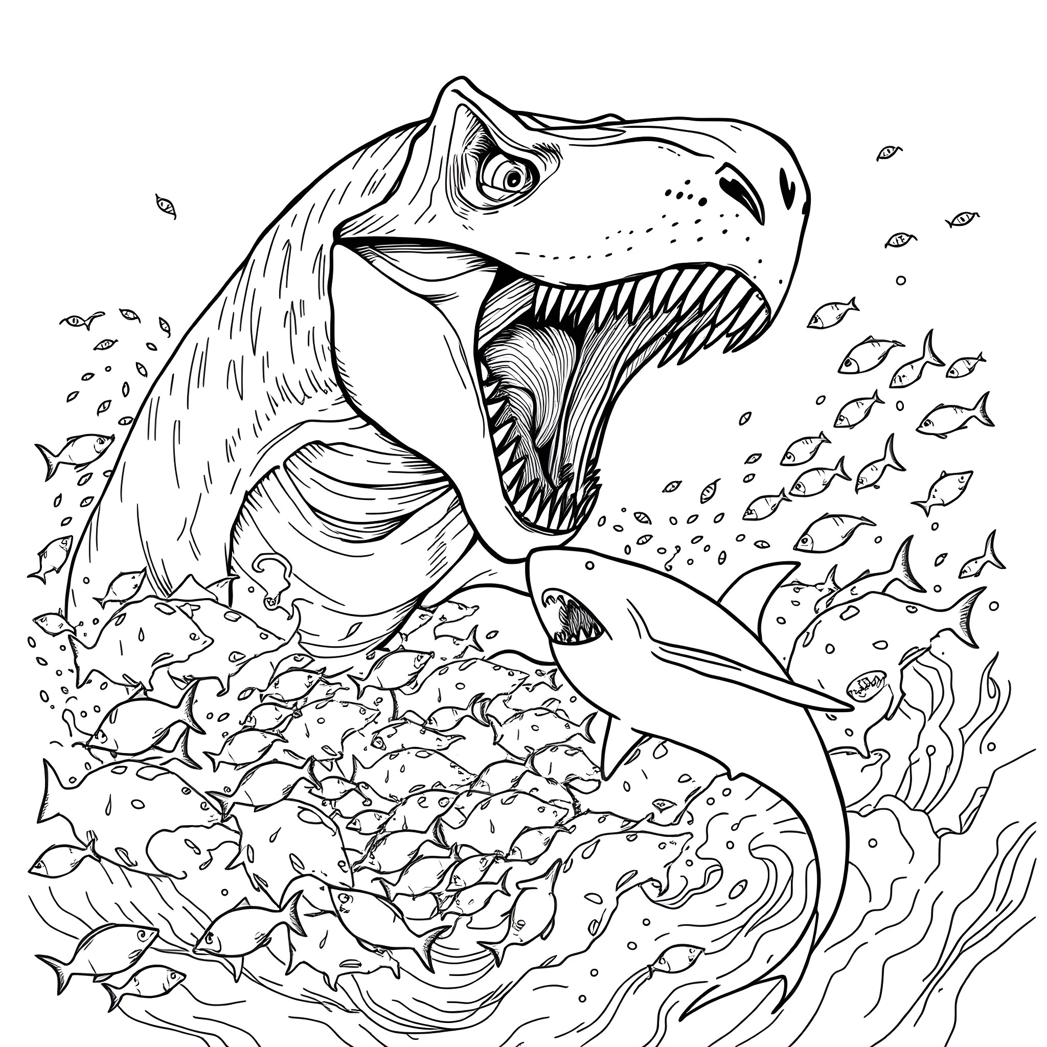Dinosaur swimming among schools of fish Coloring Page (free black-and-white line drawing printable PDF for all, from beginners to advanced learners, including children, teens, adults, and seniors)