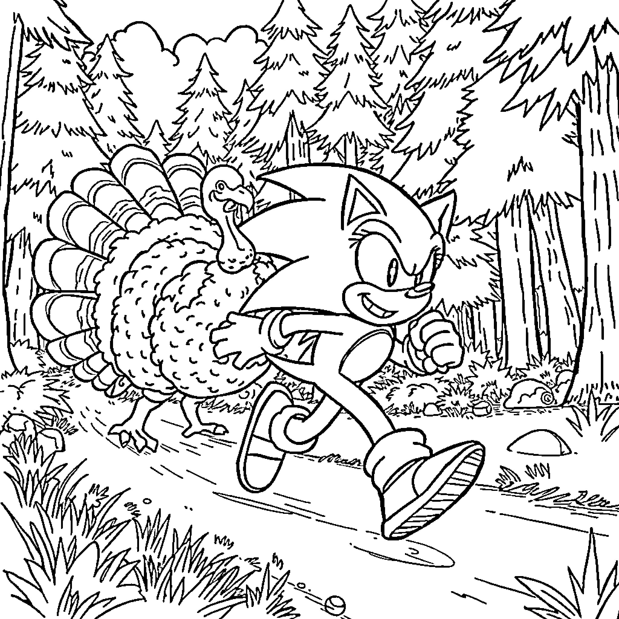 Sonic's Thanksgiving Adventure in the Forest Coloring Page (free black-and-white line drawing printable PDF for all, from beginners to advanced learners, including children, teens, adults, and seniors)