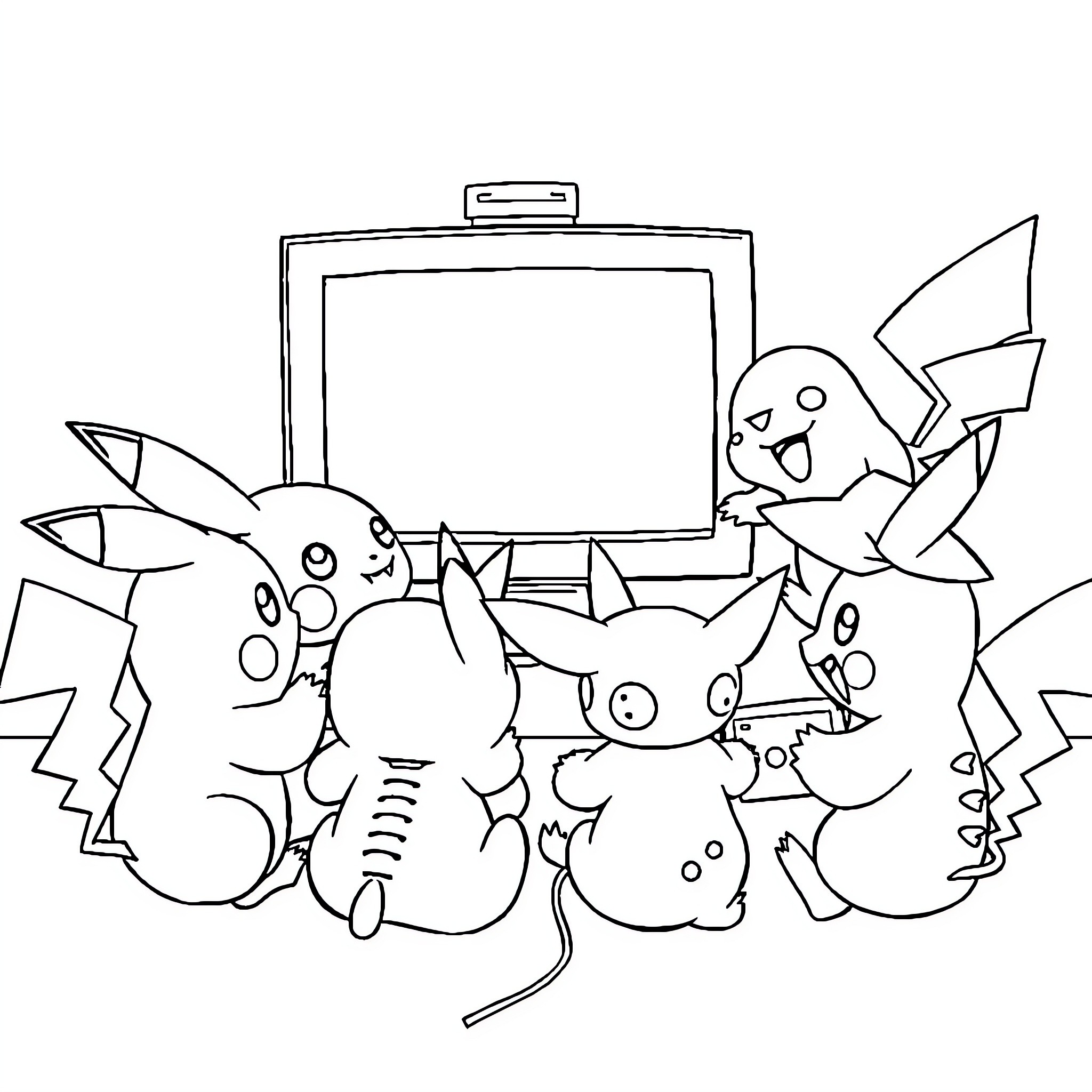 Pokémon characters in a playful scene Coloring Page (free black-and-white line drawing printable PDF for all, from beginners to advanced learners, including children, teens, adults, and seniors)