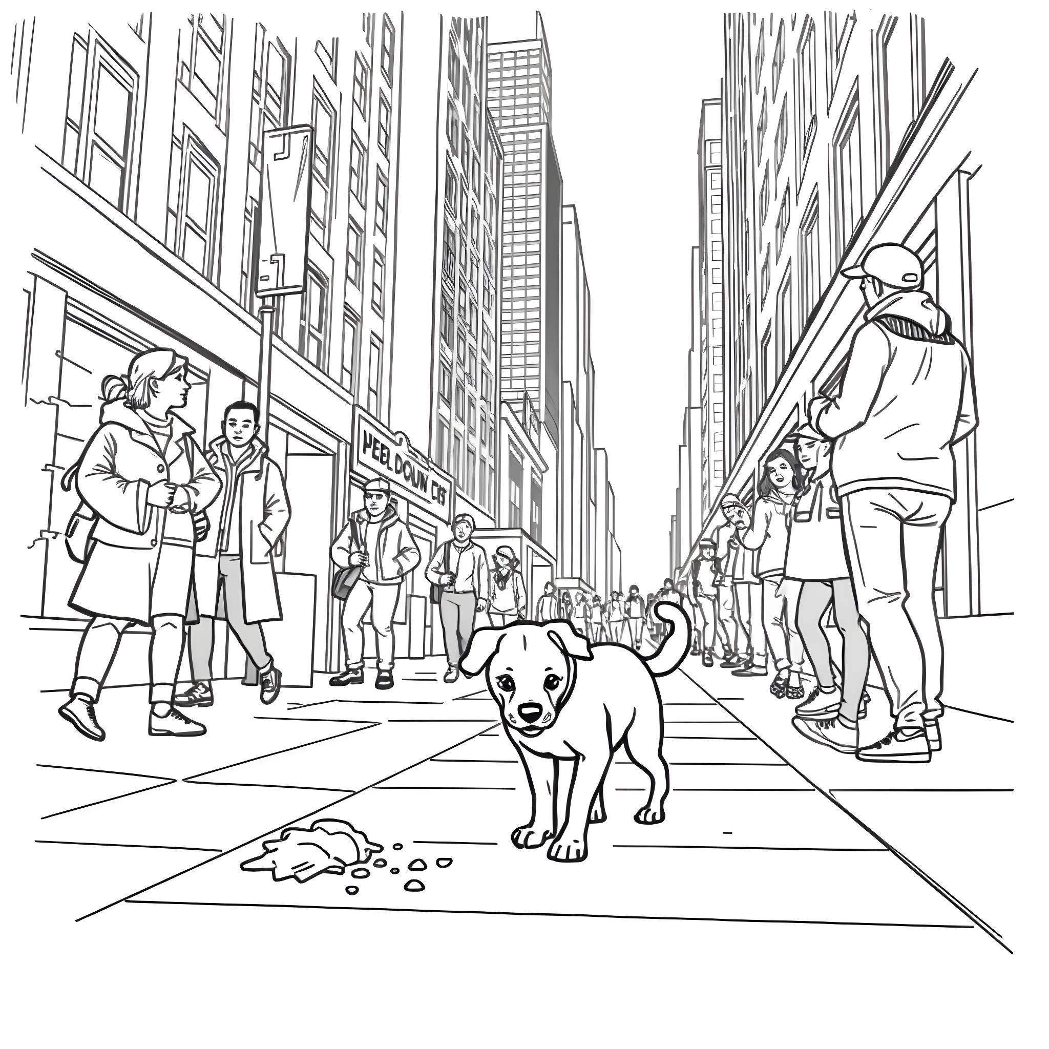 Poop of a lost dog in the city streets Coloring Page (free black-and-white line drawing printable PDF for all, from beginners to advanced learners, including children, teens, adults, and seniors)
