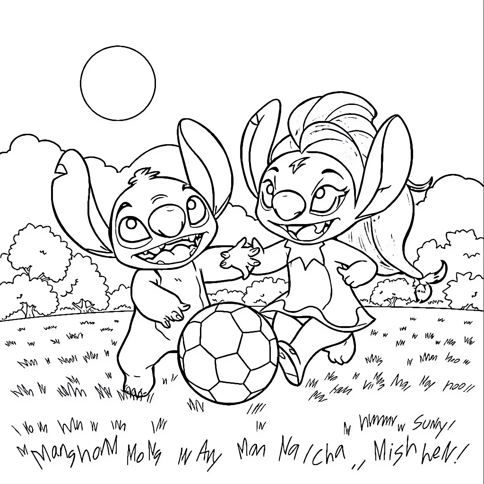 Lilo And Stitch Enjoying Outdoor Fun With Soccer Ball Coloring Page (free black-and-white line drawing printable PDF for all, from beginners to advanced learners, including children, teens, adults, and seniors)