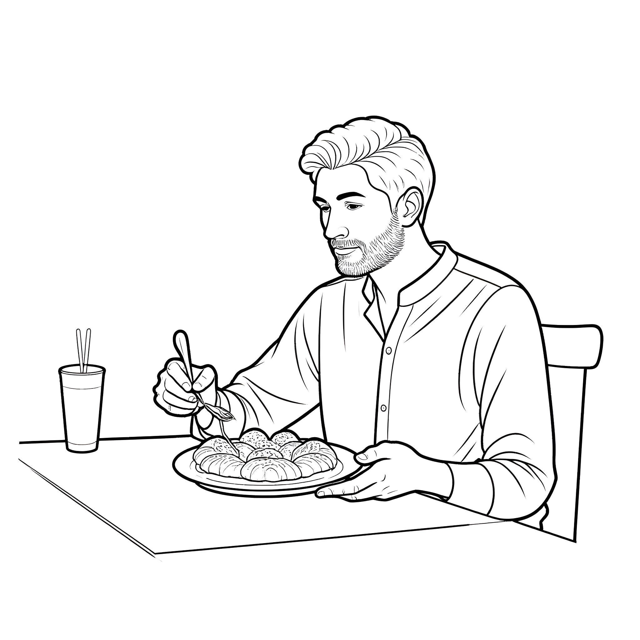 Man enjoying a meal at the table Coloring Page (free black-and-white line drawing printable PDF for all, from beginners to advanced learners, including children, teens, adults, and seniors)