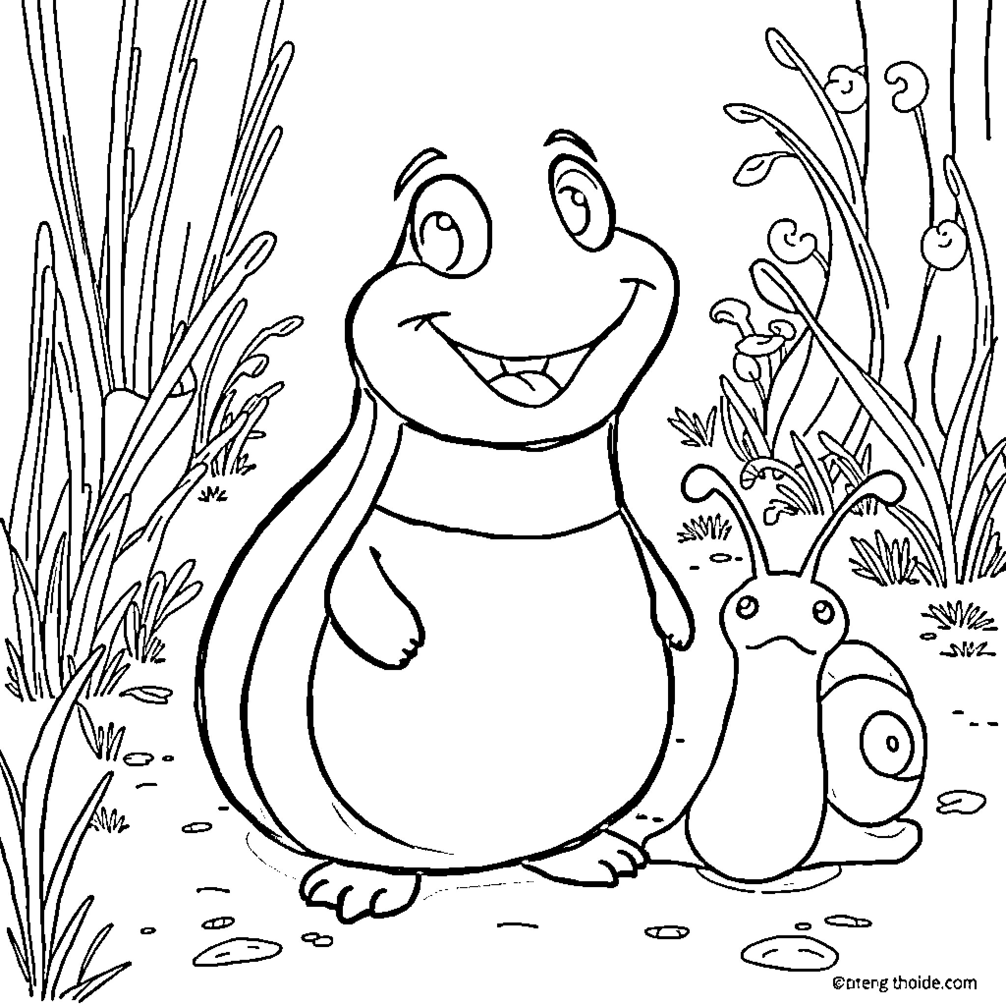 Bob l'éponge and his friends in a playful meadow scene Coloring Page (free black-and-white line drawing printable PDF for all, from beginners to advanced learners, including children, teens, adults, and seniors)