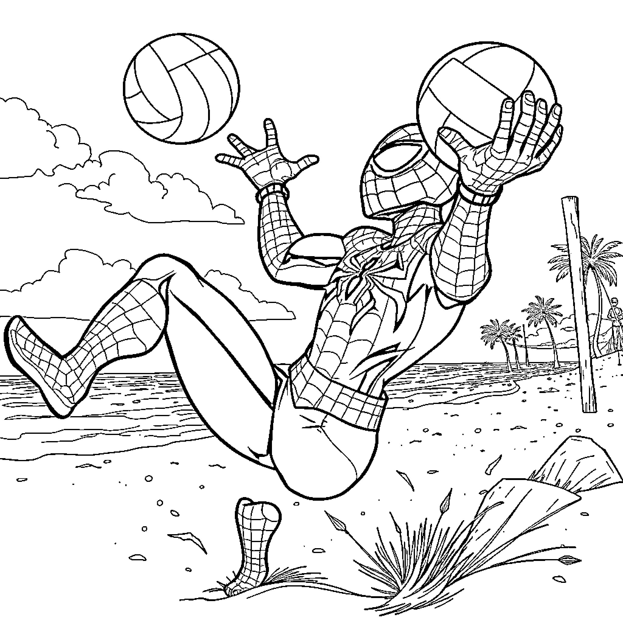 Spiderman swinging in an outdoor beach scene Coloring Page (free black-and-white line drawing printable PDF for all, from beginners to advanced learners, including children, teens, adults, and seniors)