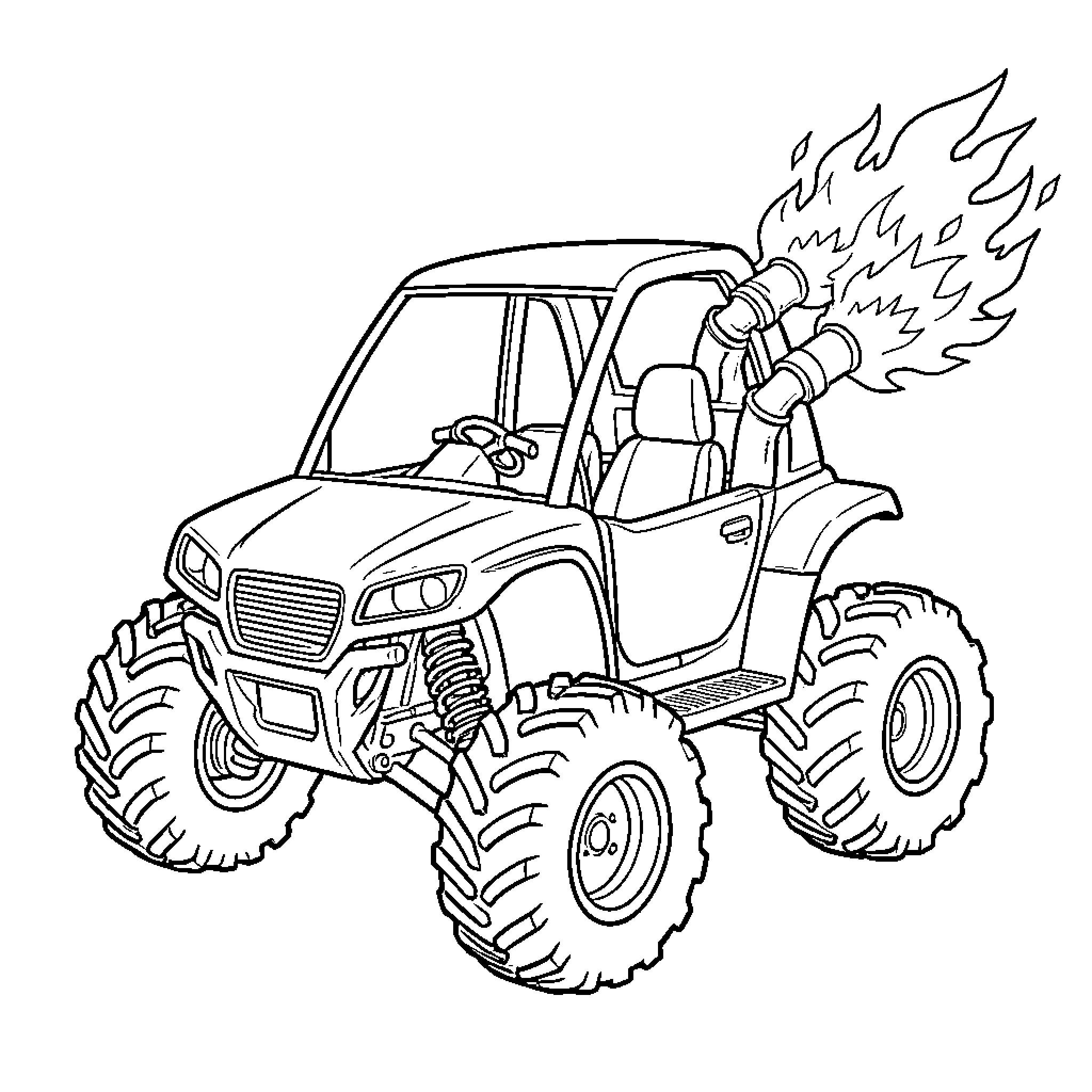 ATV racing with flames and large tires Coloring Page (free black-and-white line drawing printable PDF for all, from beginners to advanced learners, including children, teens, adults, and seniors)
