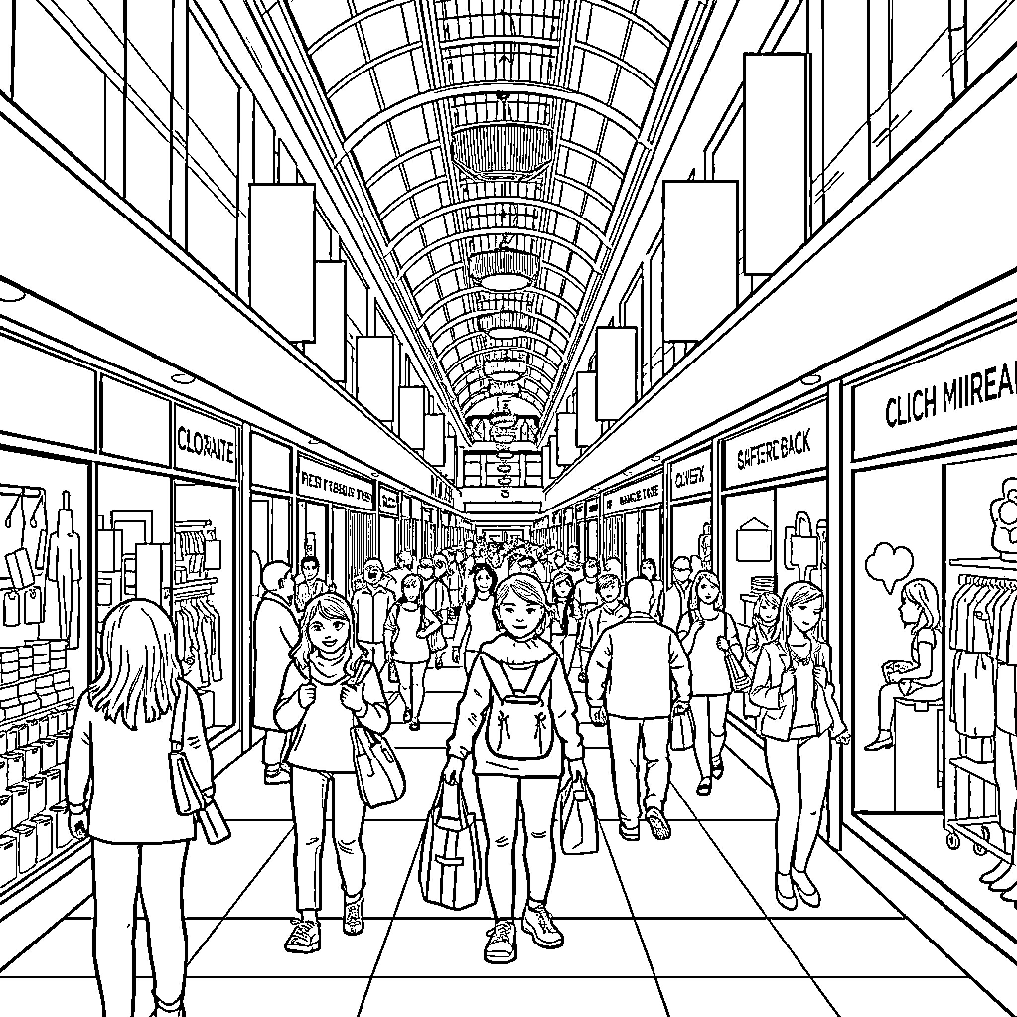 Mall Filled with Busy Shoppers and Stores Coloring Page (free black-and-white line drawing printable PDF for all, from beginners to advanced learners, including children, teens, adults, and seniors)