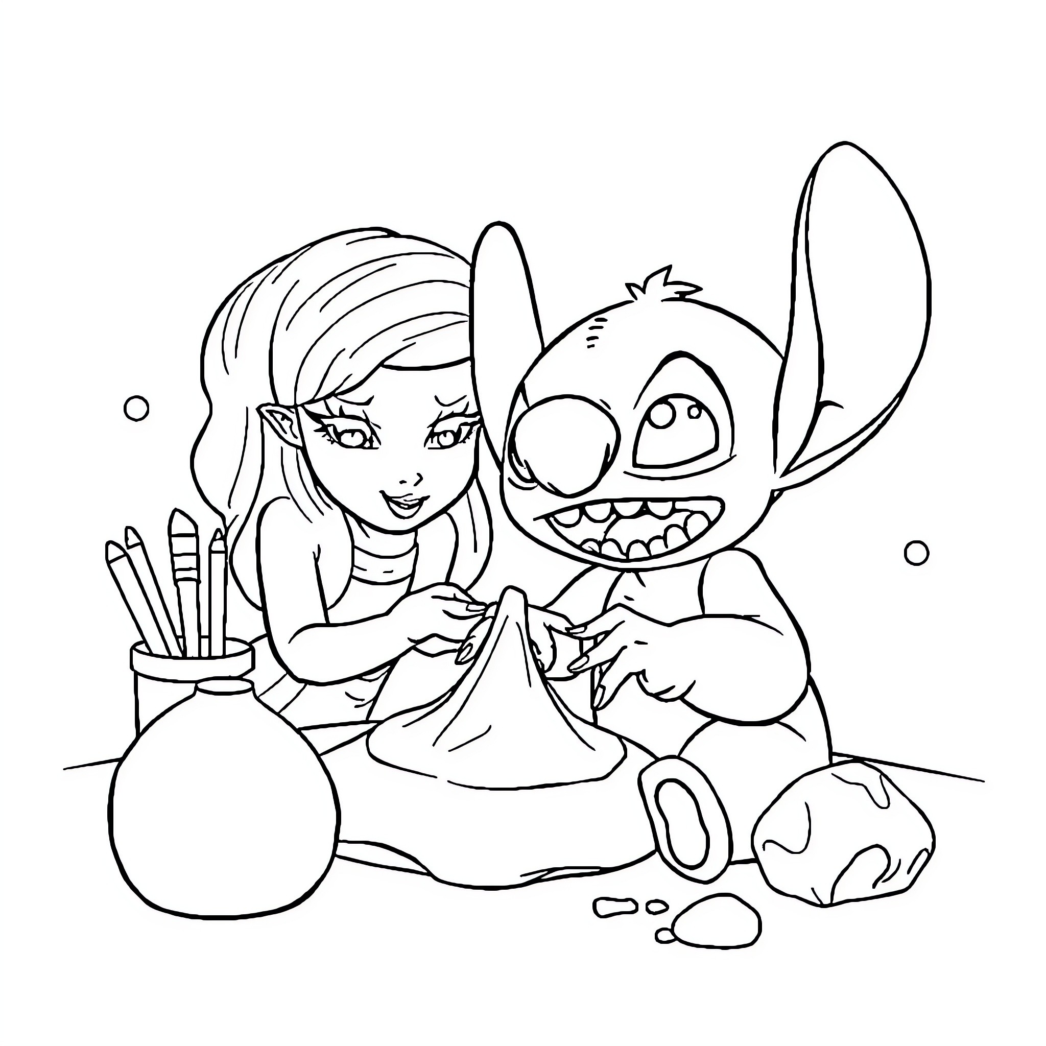 Stitch and Girl Coloring Drawing Playfully Coloring Page (free black-and-white line drawing printable PDF for all, from beginners to advanced learners, including children, teens, adults, and seniors)